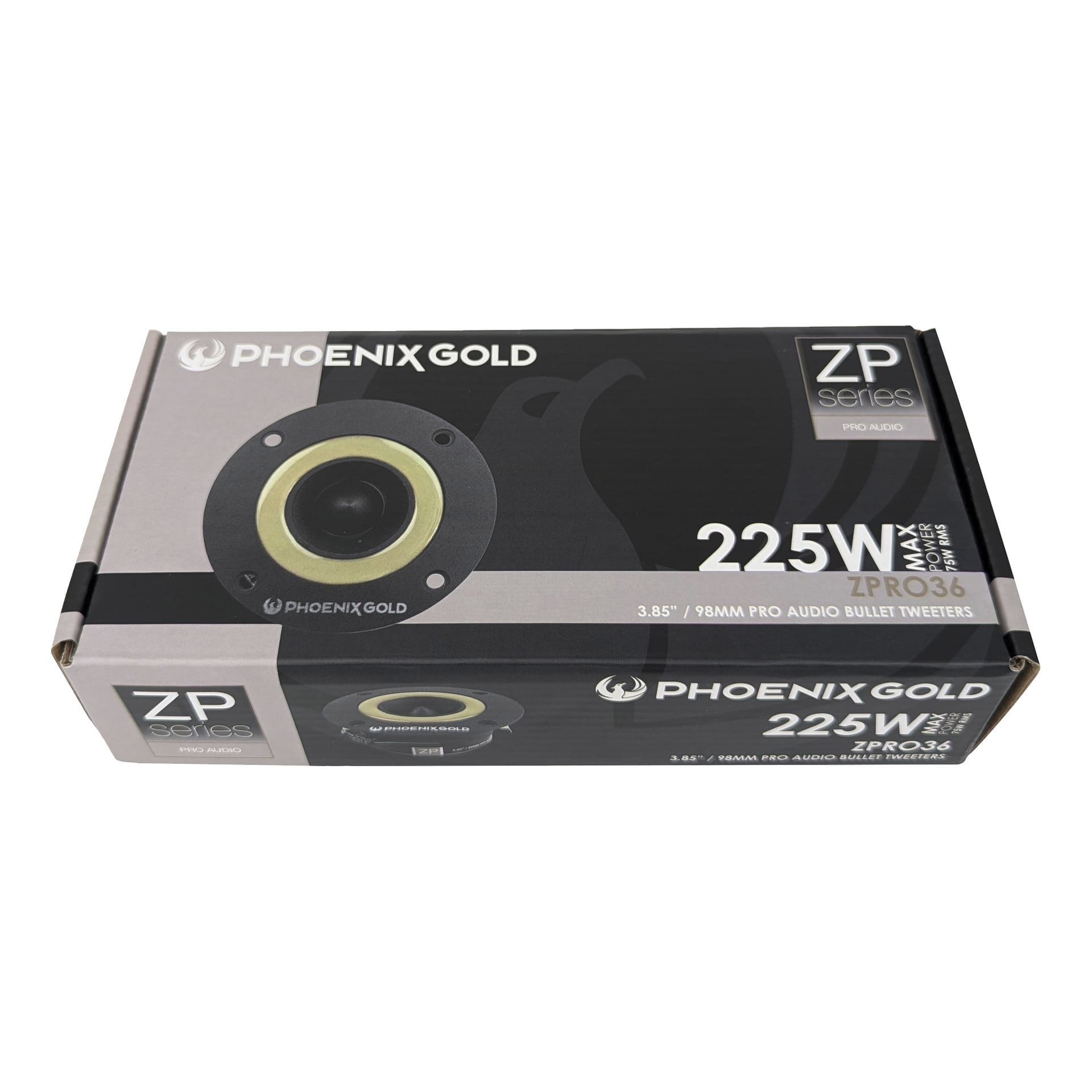 Phoenix Gold Tweeter ZPRO36BT 2-pack-lådan har en 3,85-tums, 225W max-bullet-diskanthögtalare. Förpackningsdesignen är grå och svart med guld- och vit text, inklusive en bild av högtalaren på framsidan.