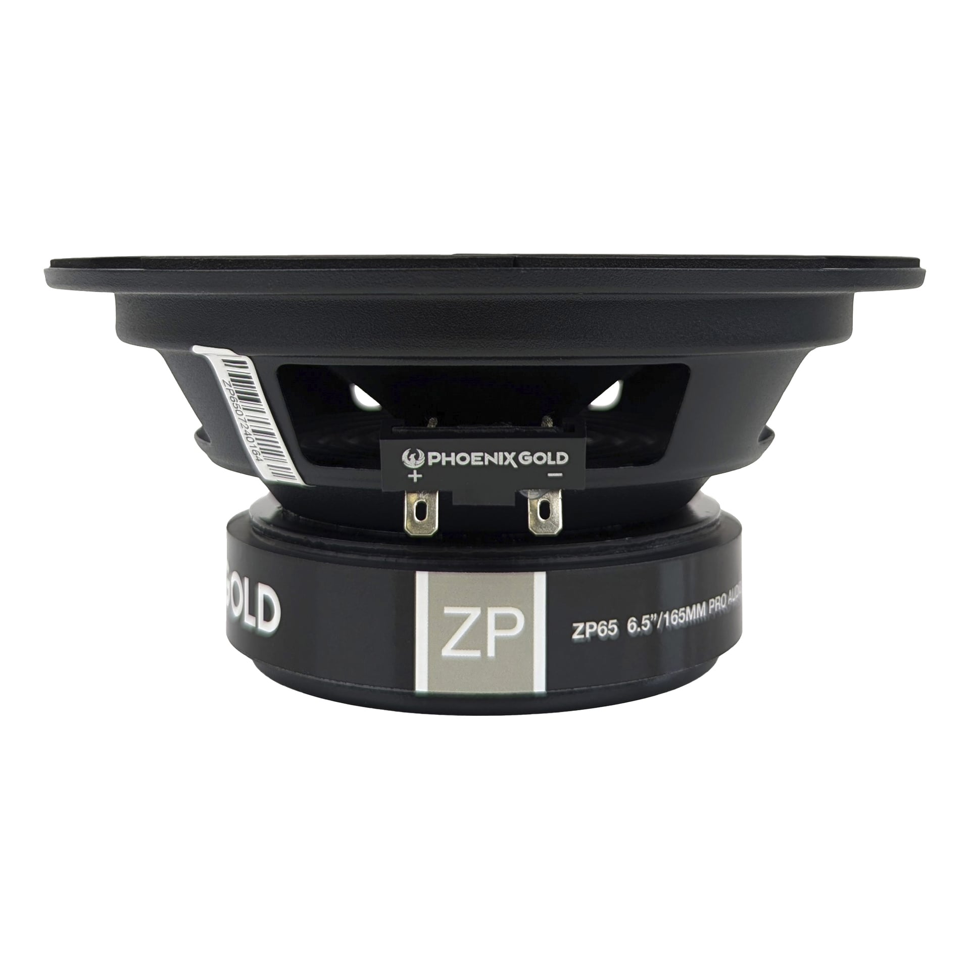 En sidovy av en svart Phoenix Gold Midbass ZP65 (6,5"/165mm) högtalare från en 2-pack, som framhäver anslutningsterminalerna och produktetiketten på magneten.