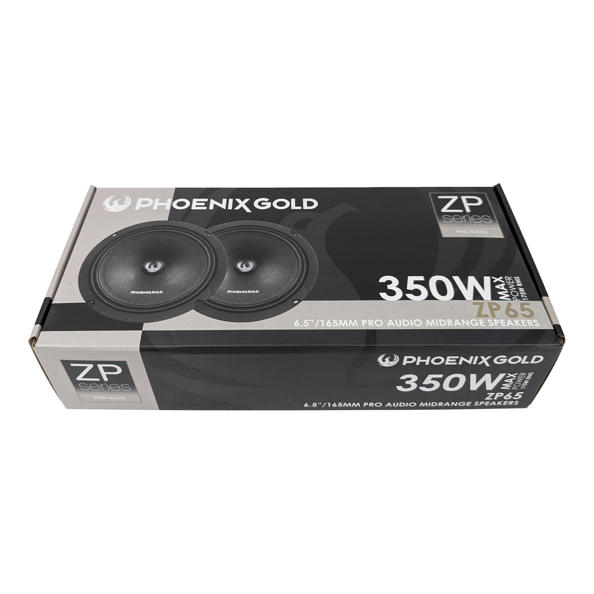En Phoenix Gold Midbass ZP65 2-pack högtalarlåda visas, med två högtalare, vardera med en maxeffekt på 350W. Förpackningen lyfter fram produktspecifikationer med vit text över en svart och grå design.