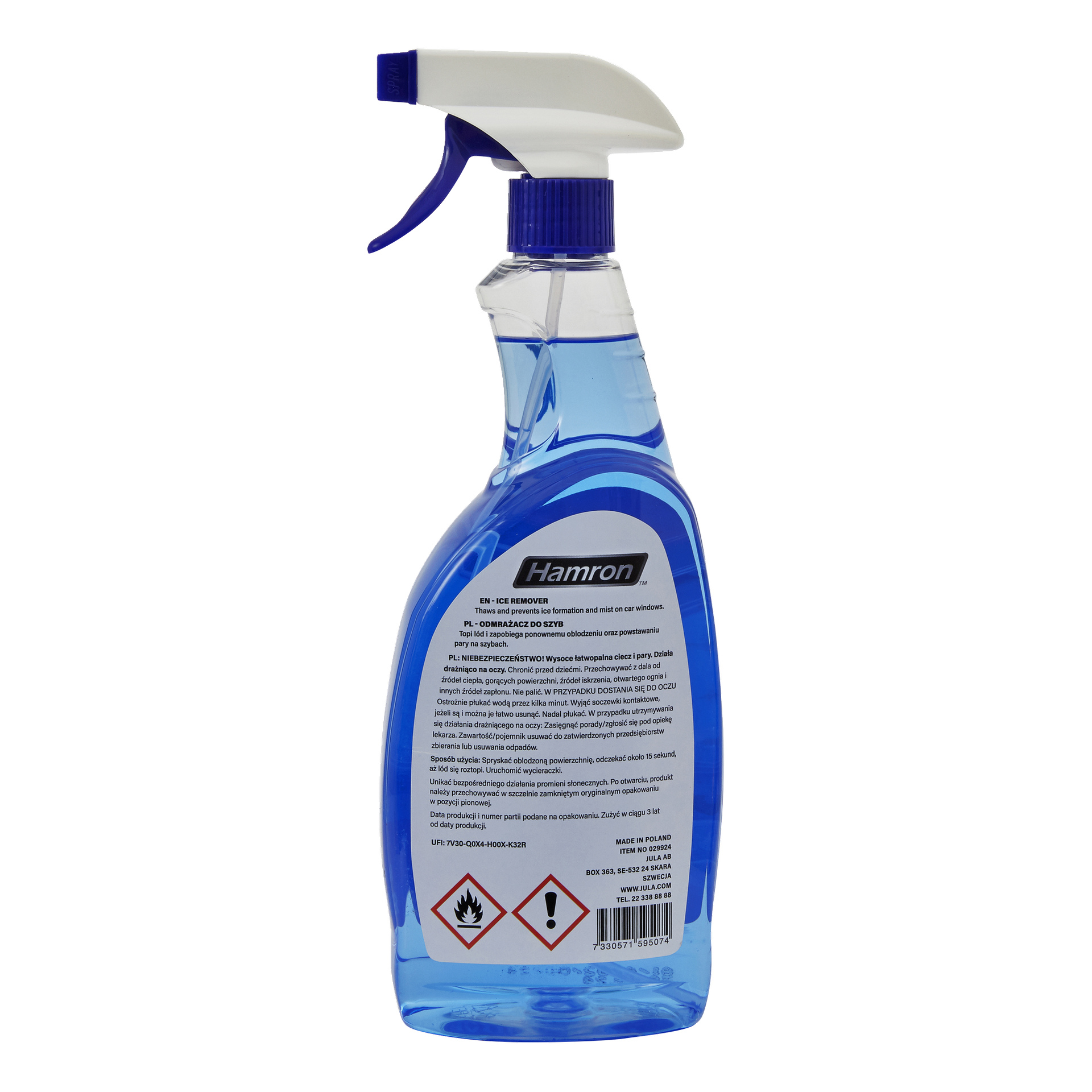 Niebieska butelka z rozpylaczem oznaczona jako Hamron Ice Remover for car, wypełniona płynem do odmrzania przeznaczonym do szyb samochodowych. Na tylnej etykiecie widnieje instrukcja i informacje o produkcie.