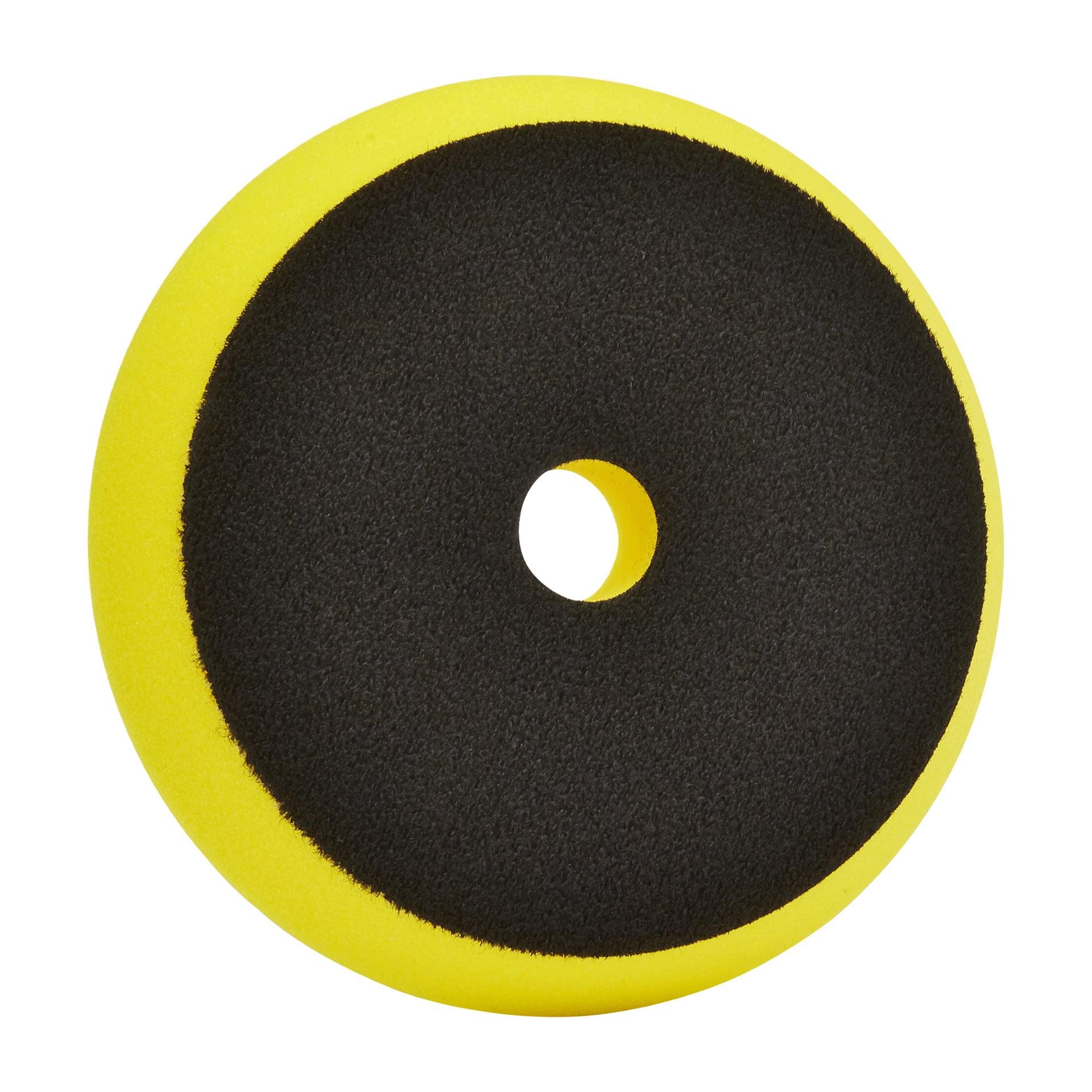 Ett set med tre Hamron-poleringssvampar med runda skumpads med svart mitt och gula kanter, där varje pad har ett centralt hål—lämpligt för polering, polering eller finish.