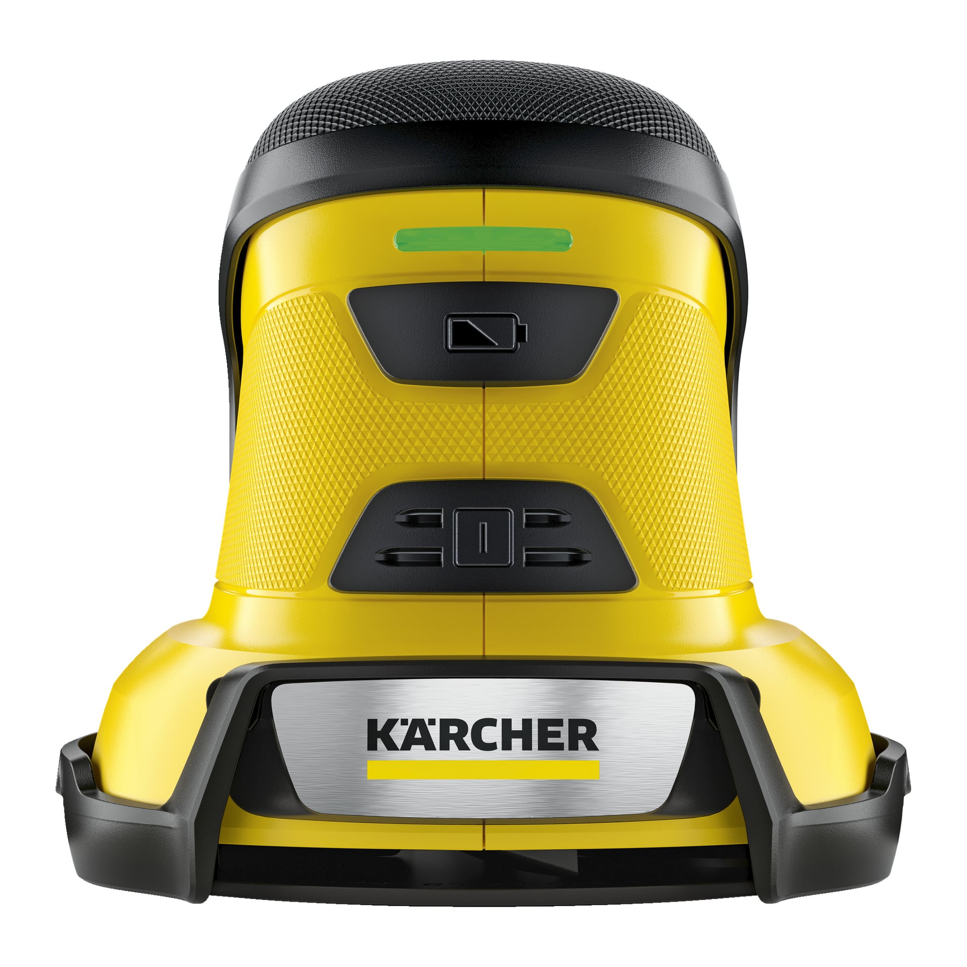 En gul og svart Kärcher Electric isskraper EDI 4 vises i frontvisning, med teksturerte grep, flere knapper og Kärcher-logoen nær basen. Fokuset er på enhetens hovedkontrollseksjon.