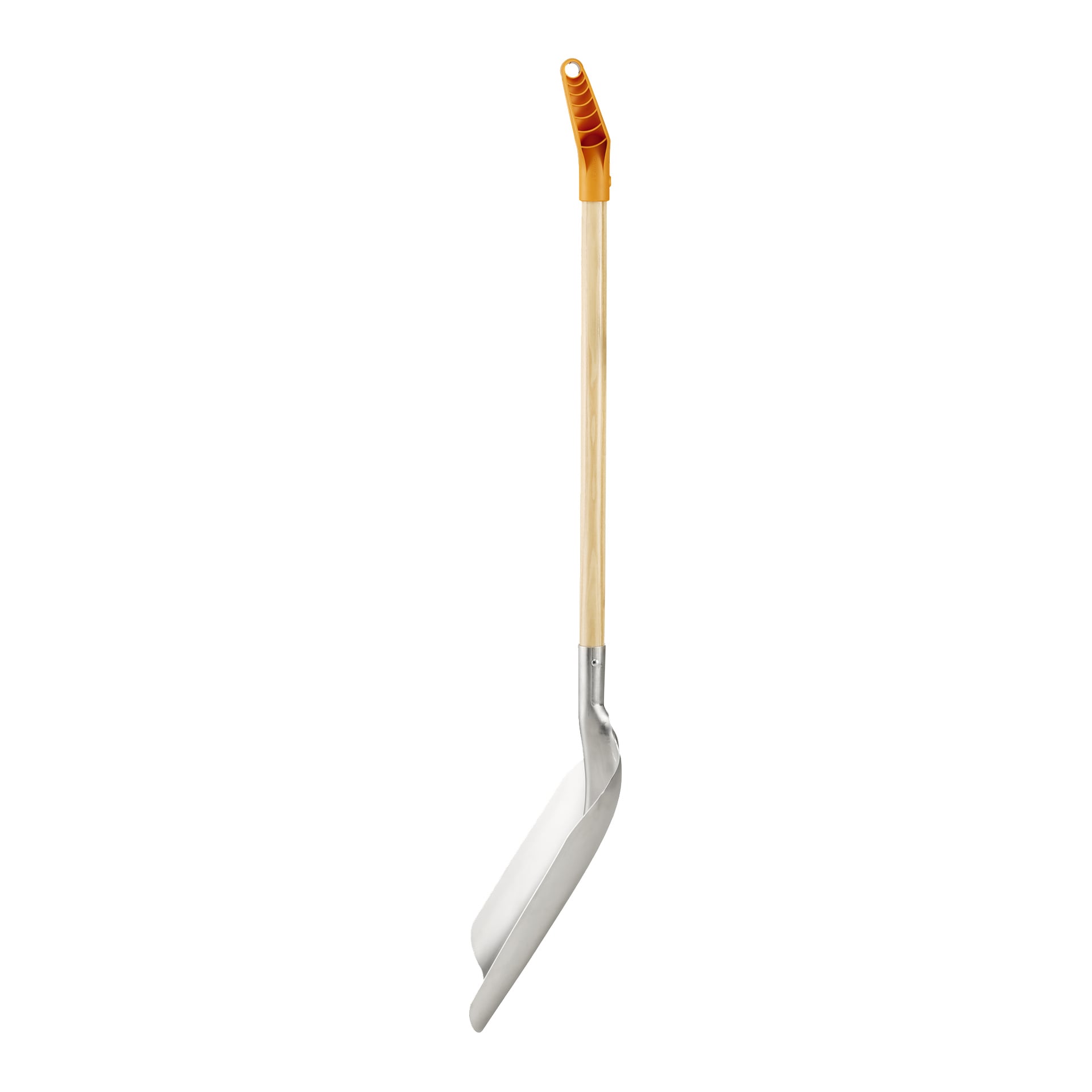 Eine Fiskars-Schaufel mit einem langen Holzgriff, einer stabilen Metallschaufel und einem orangefarbenen Kunststoffgriff oben.