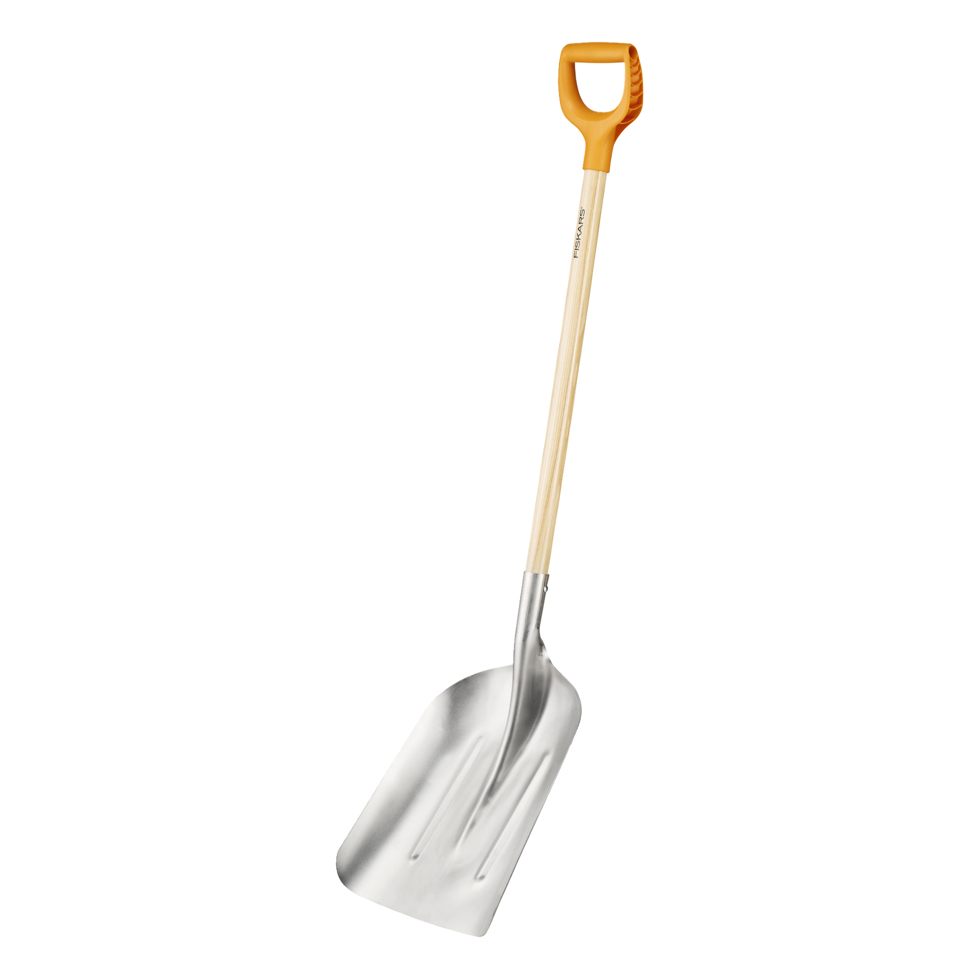 Eine Fiskars-Schaufel mit einer flachen, breiten silbernen Klinge, einem hellen Holzgriff und einem orangefarbenen D-förmigen Kunststoffgriff oben.