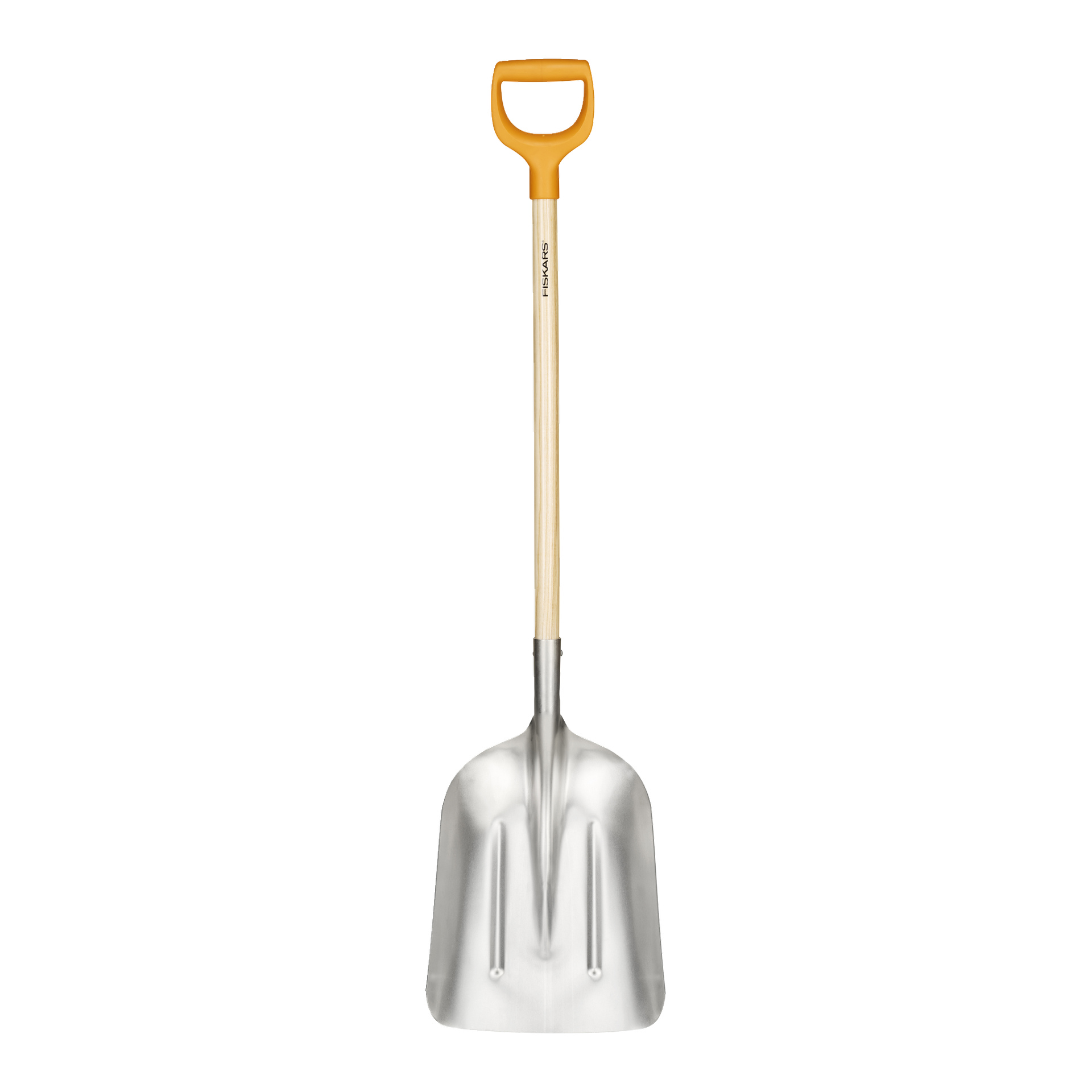 Die Fiskars-Schaufel hat eine breite, flache Metallklinge, einen leichten Holzgriff und einen gelben D-förmigen Griff oben.