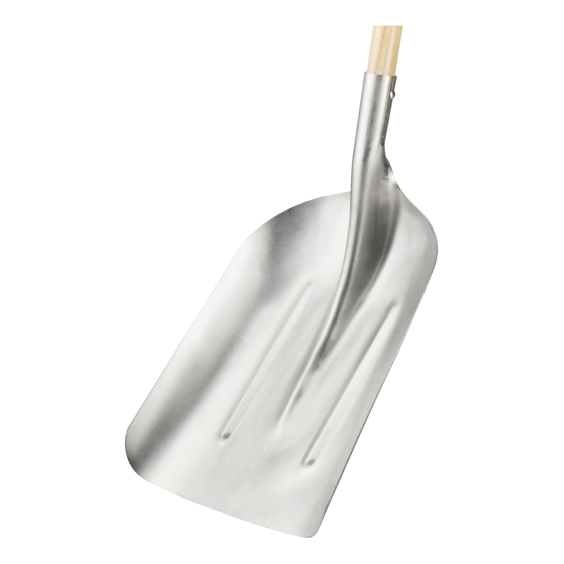 Eine Nahaufnahme des Fiskars Shovel zeigt seine breite, flache Metallklinge und den Holzgriff.