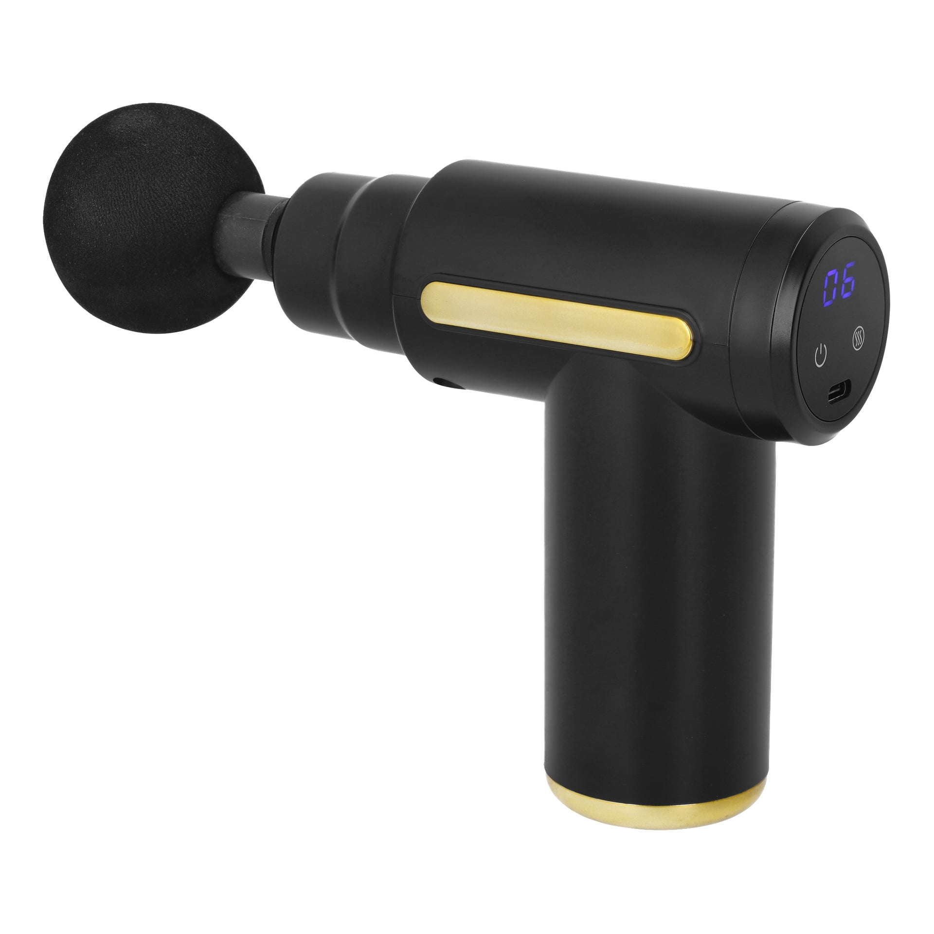 Eine schwarz-goldene Bright Massage Gun mit rundem Kopfaufsatz, einem digitalen Display mit der Meldung "06", Tasten für Einschalt- und Moduswahl sowie einem USB-Ladeanschluss.