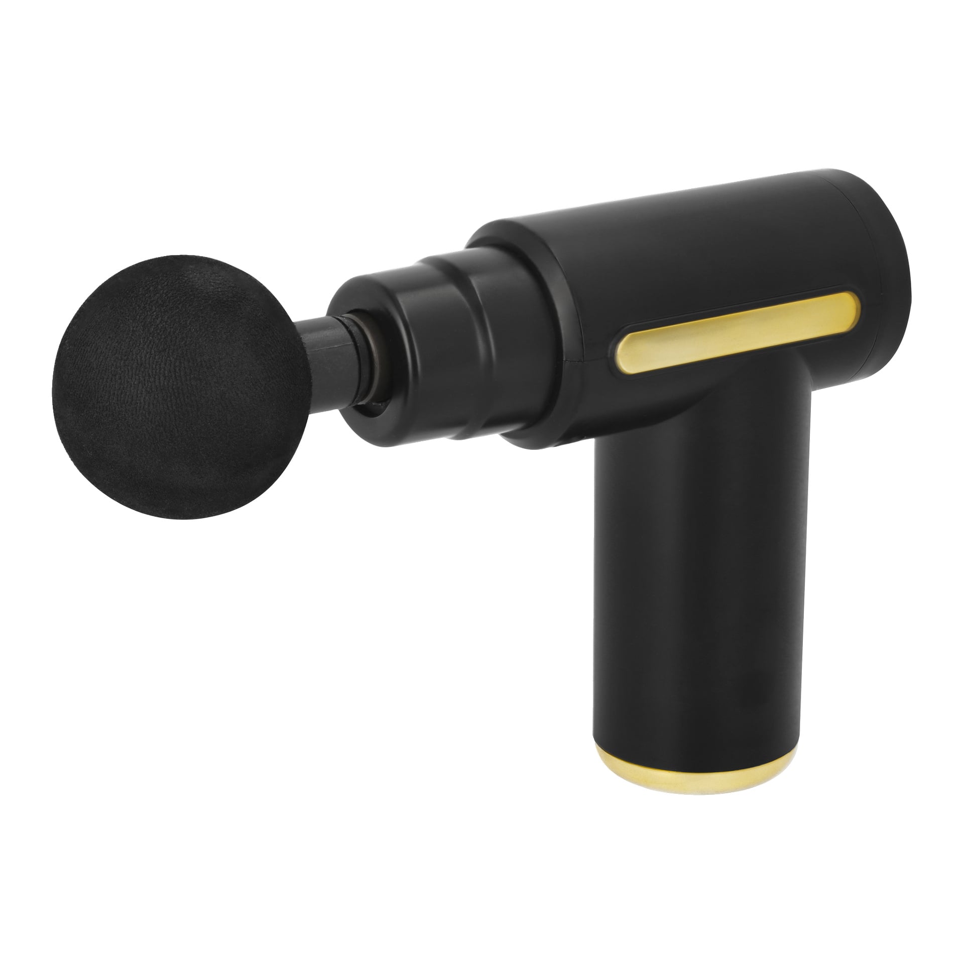 Eine elegante schwarze Massagepistole mit goldenen Details, ausgestattet mit einem runden flachen Kopfaufsatz für Muskeltherapie und Entspannung.