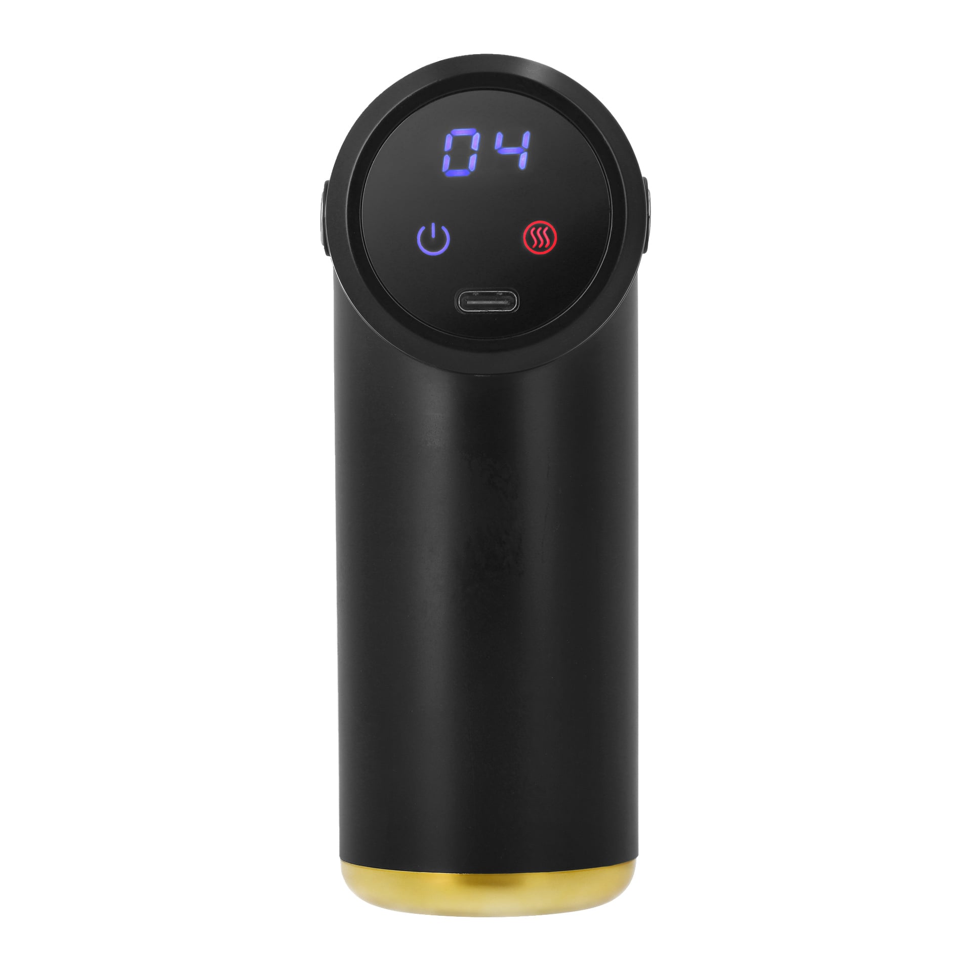 Eine schwarz-goldene Bright-Massagepistole mit einem digitalen Bildschirm mit der Zahl 04, dazu einen Power-Button, ein Heizsymbol und einen USB-Anschluss unter dem Display.