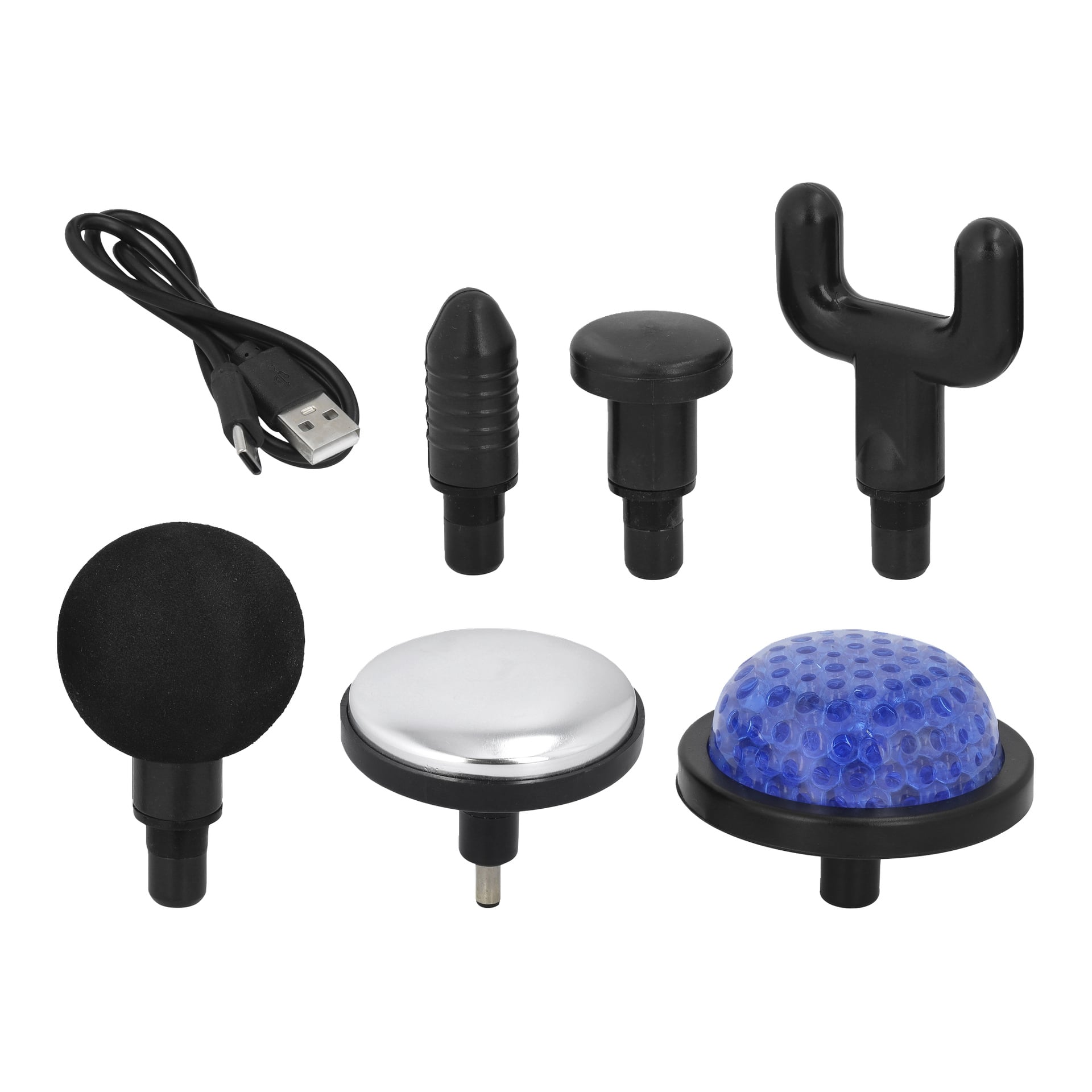 Sechs Bright-Massagepistolen-Aufsatzköpfe und ein USB-Ladekabel sind ordentlich angeordnet. Die Aufsätze gibt es in verschiedenen Formen: rund, kugelförmig, gabelartig, flach, metallisch und eine blaue Kuppel mit Textur.
