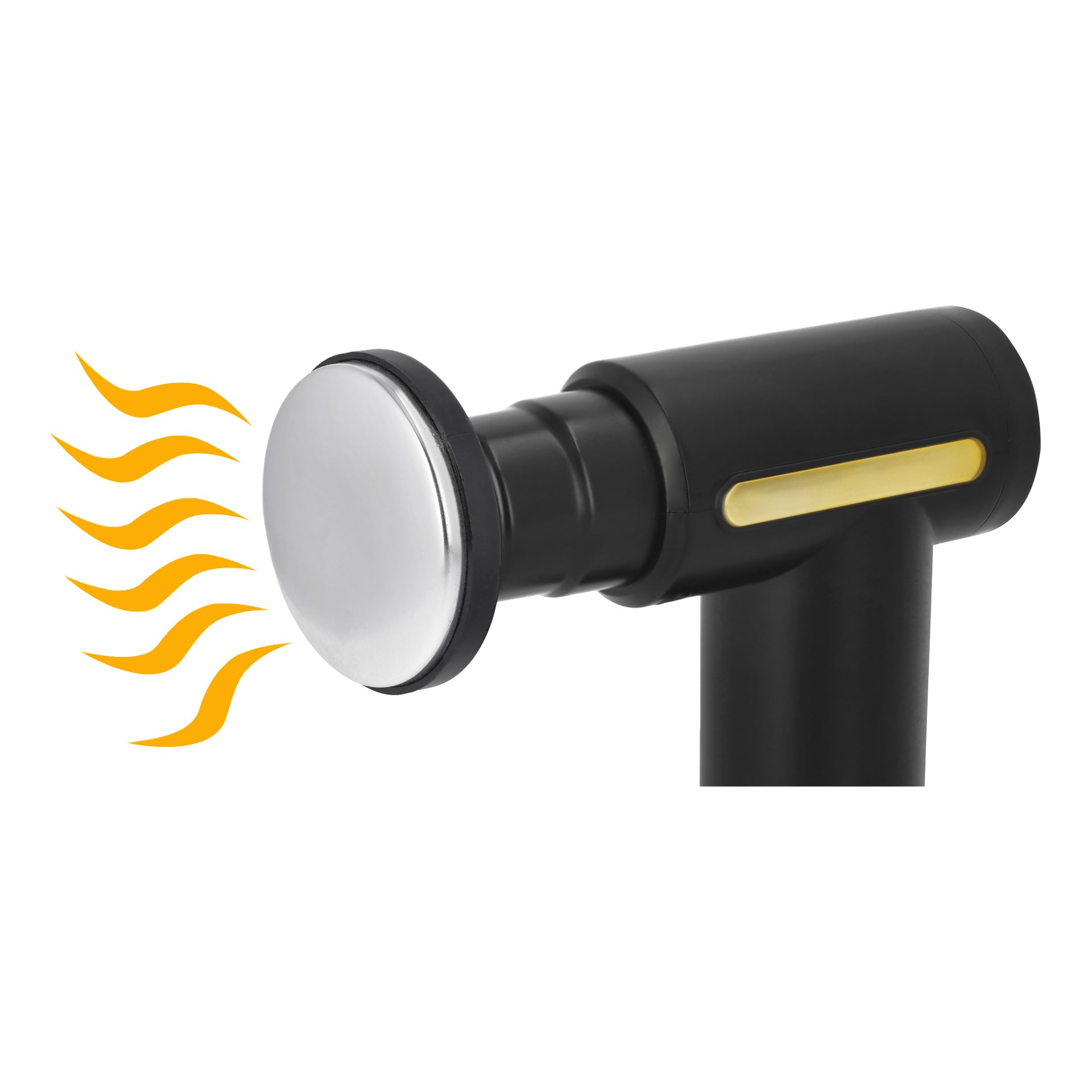 Eine Nahaufnahme der Bright Massage Pistole zeigt ein schwarzes Handgerät mit rundem silbernen Kopf und gelbem Akzent, das orange, wellenförmige Linien ausstrahlt, die Hitze oder Dampf symbolisieren.