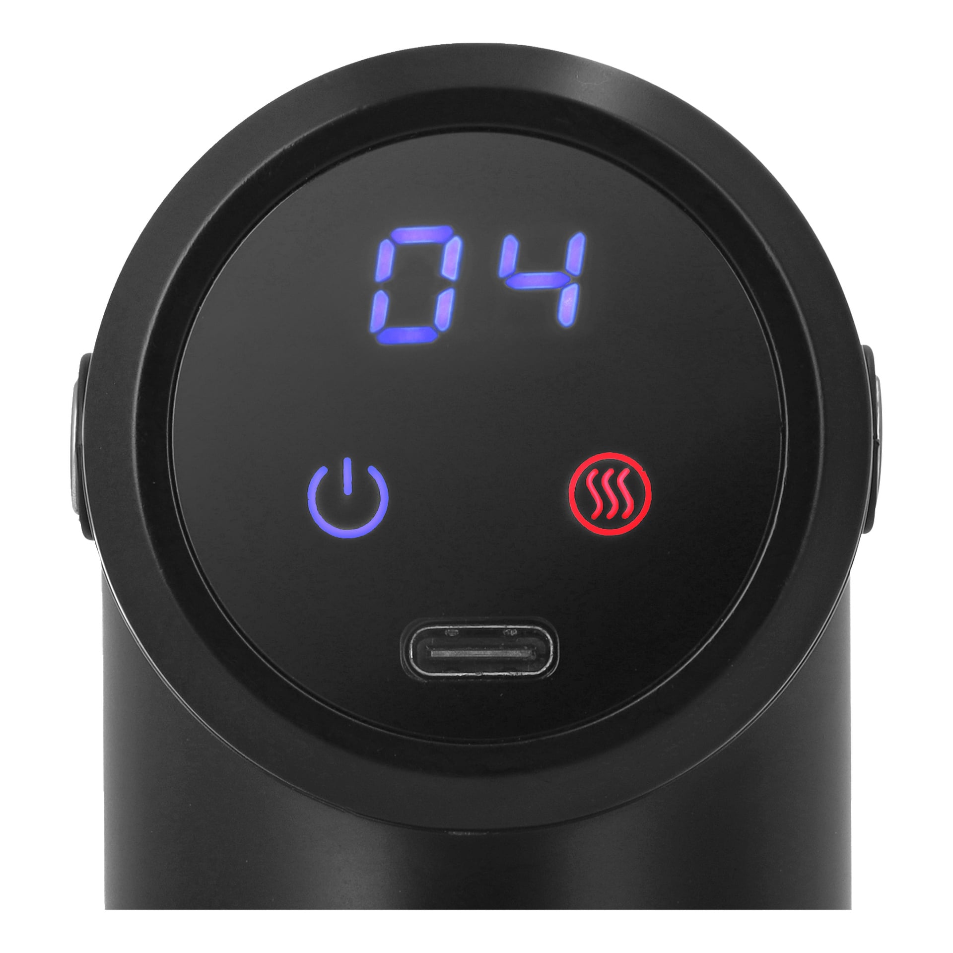 Nahaufnahme des Bildschirms auf einer schwarzen Bright-Massagepistole, mit der Zahl 04 in Blau, einem blauen Power-Symbol, einem roten Hitzesymbol und einem USB-C-Anschluss unter dem Display.