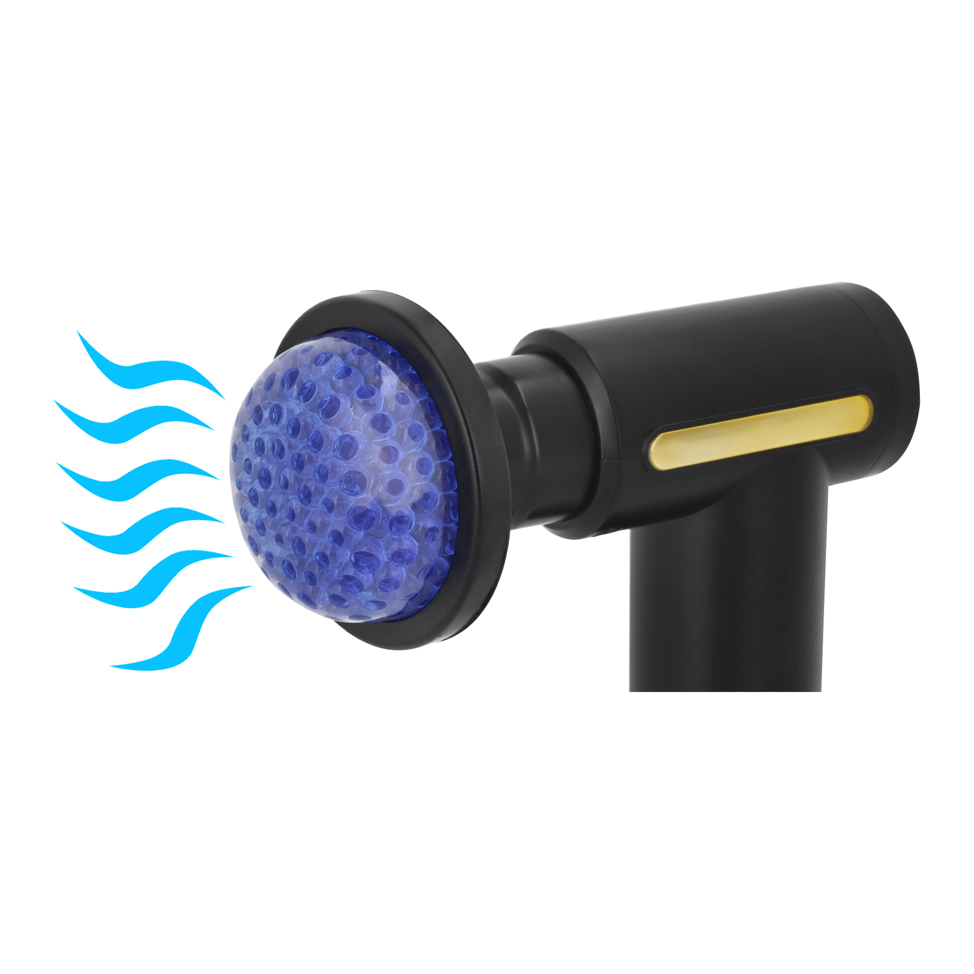 Eine Nahaufnahme der Bright-Massagepistole, ein schwarzes Handgerät mit einer blauen, strukturierten runden Spitze. Blaue wellenförmige Linien links deuten auf Luftzirkulation oder Kühlung hin, und das Gerät hat einen goldenen Akzent.