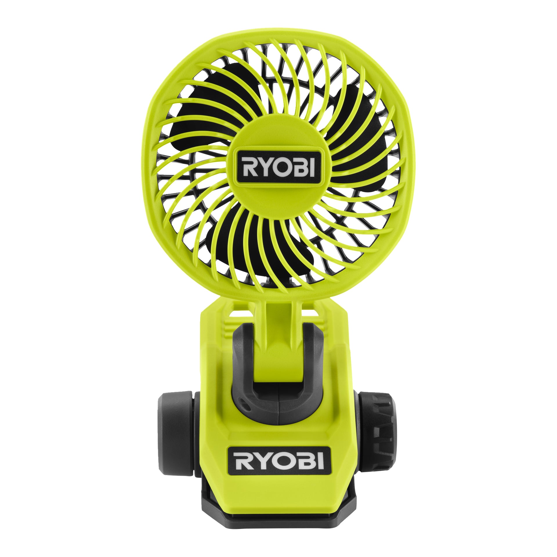 Jaskrawożółty wentylator Ryobi USB Lithium, model RCF4-0, z czarno-białym logo Ryobi wyświetlanym zarówno na środku kratki wentylatora, jak i na podstawie, widziane od przodu.
