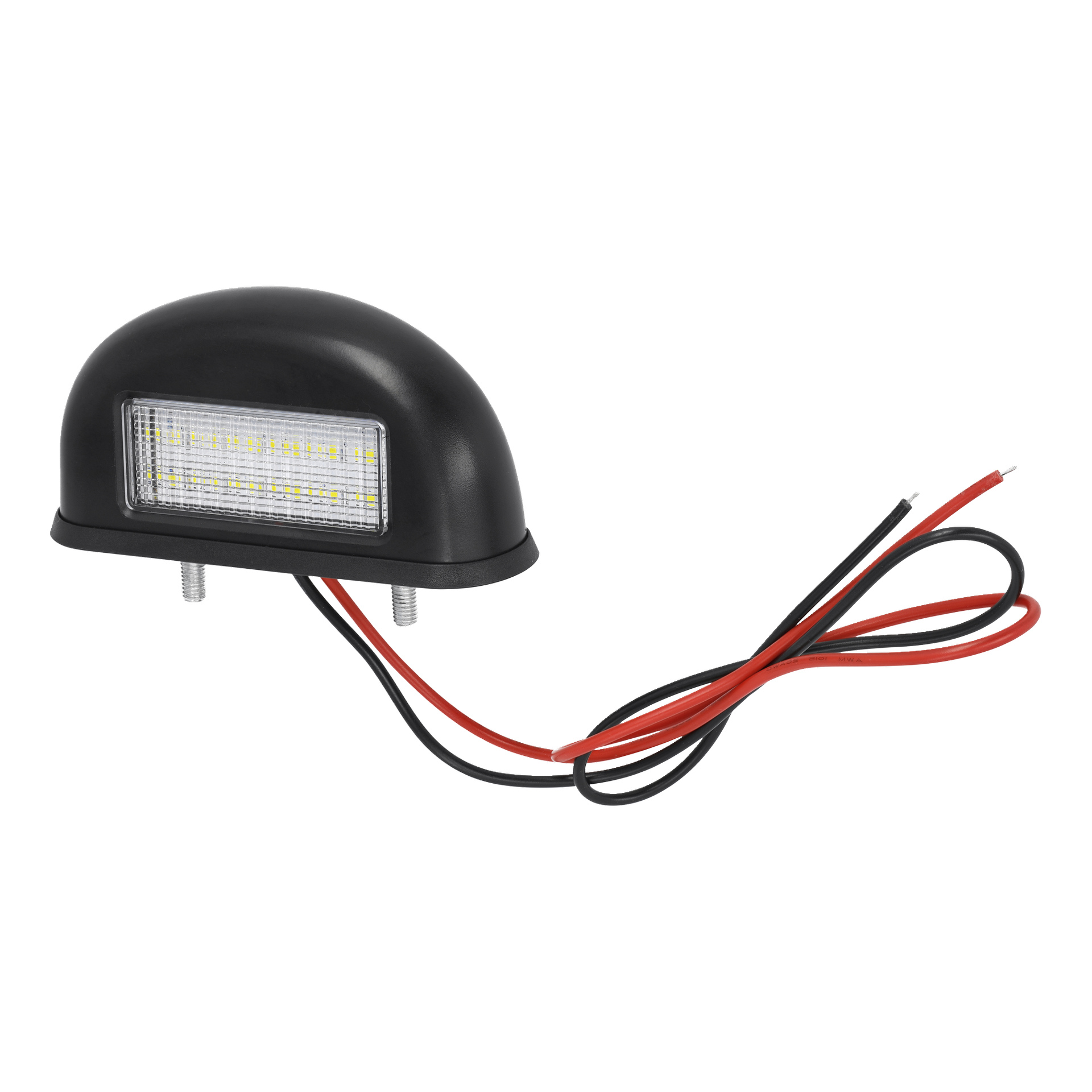 En kompakt svart Hamron LED-nummerskyltslampa med en klar rektangulär lins, utrustad med två bultar på undersidan för montering och röda och svarta kablar som sticker ut från den.