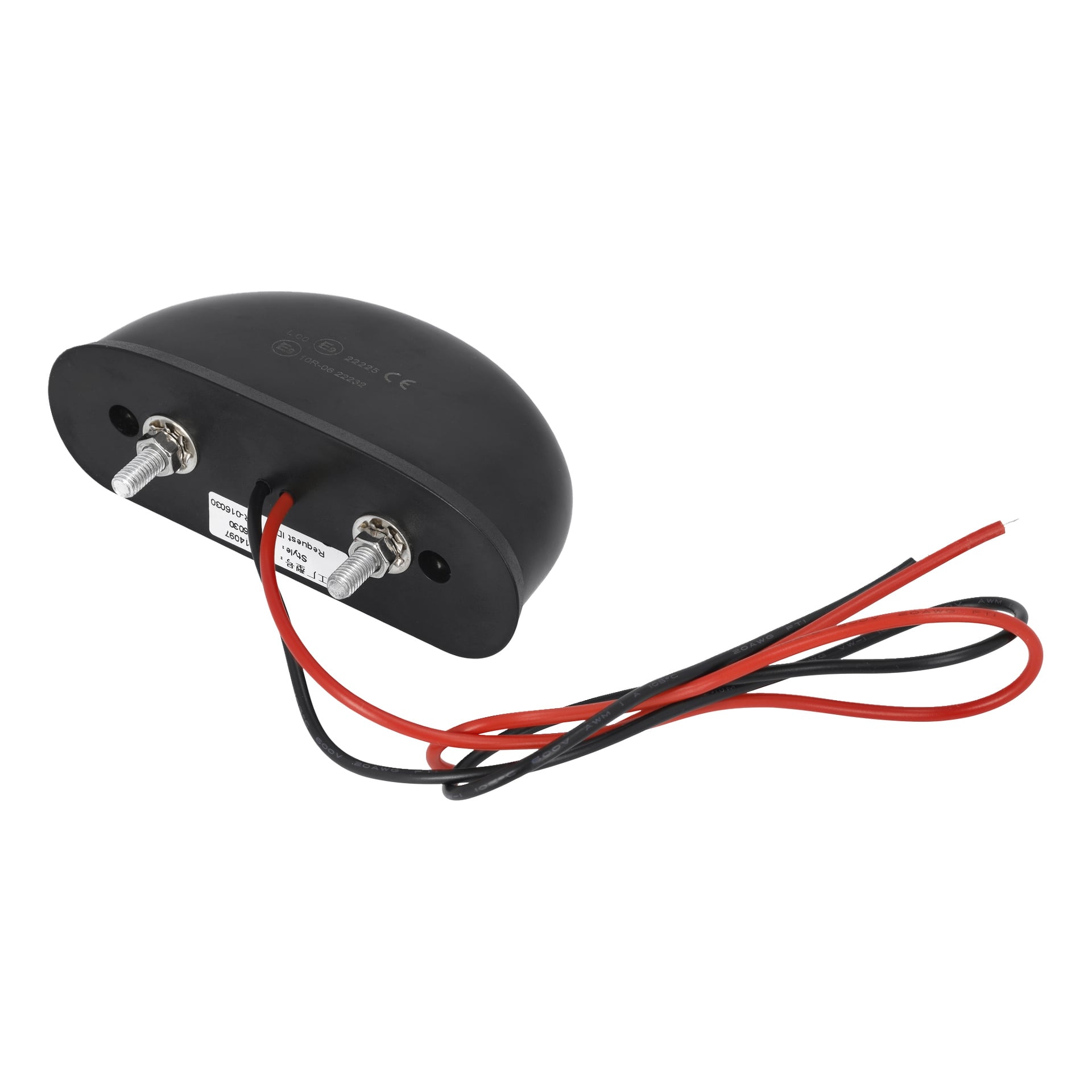 En svart, kupolformad Hamron LED-nummerskyltslampa med två metallterminaler märkta POS och NEG, kopplad till röda och svarta ledningar. Den platta basen har skruvar och vita etiketter placerade nära terminalerna.