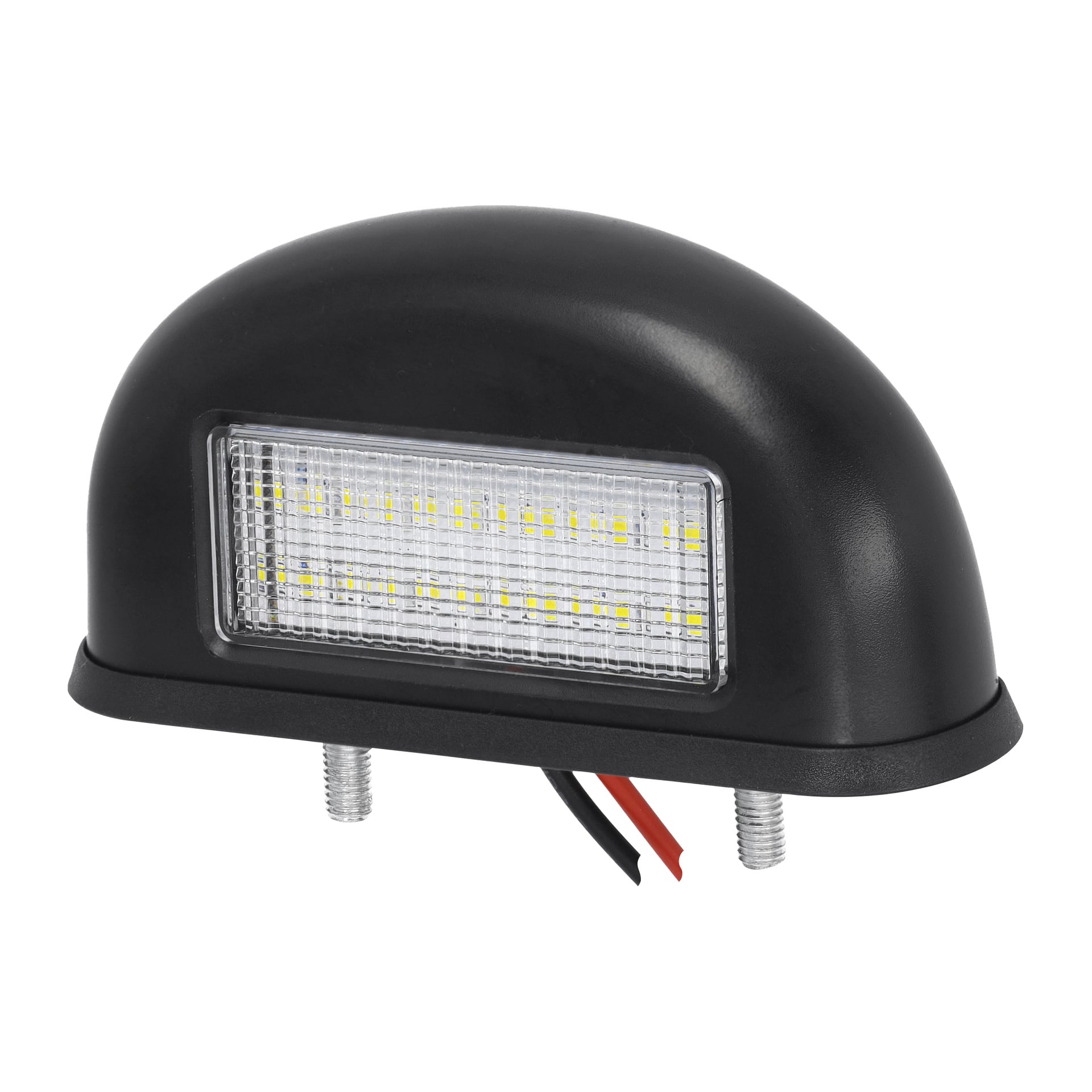 En Hamron LED-nummerskyltslampa med en svart, kupolformad kropp, en klar lins som visar rader av gula LED-lampor, fäst vid en sockel med två metallbultar, samt röda och svarta kablar som kommer ut från botten.