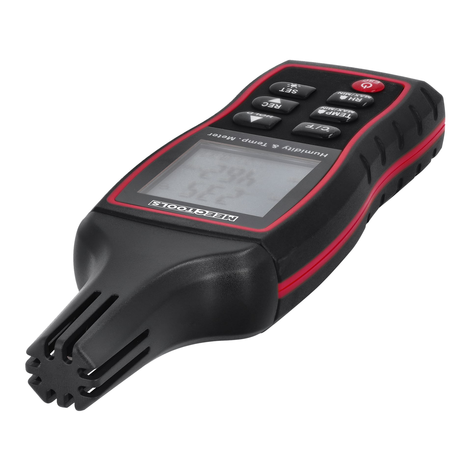 Et Meec Tools Hygrometer med termometer har en svart og rød kropp, flere knapper og en LCD-skjerm som viser gjeldende fuktighet og temperatur. Sensorområdet med ventiler er plassert i den smale enden av enheten.