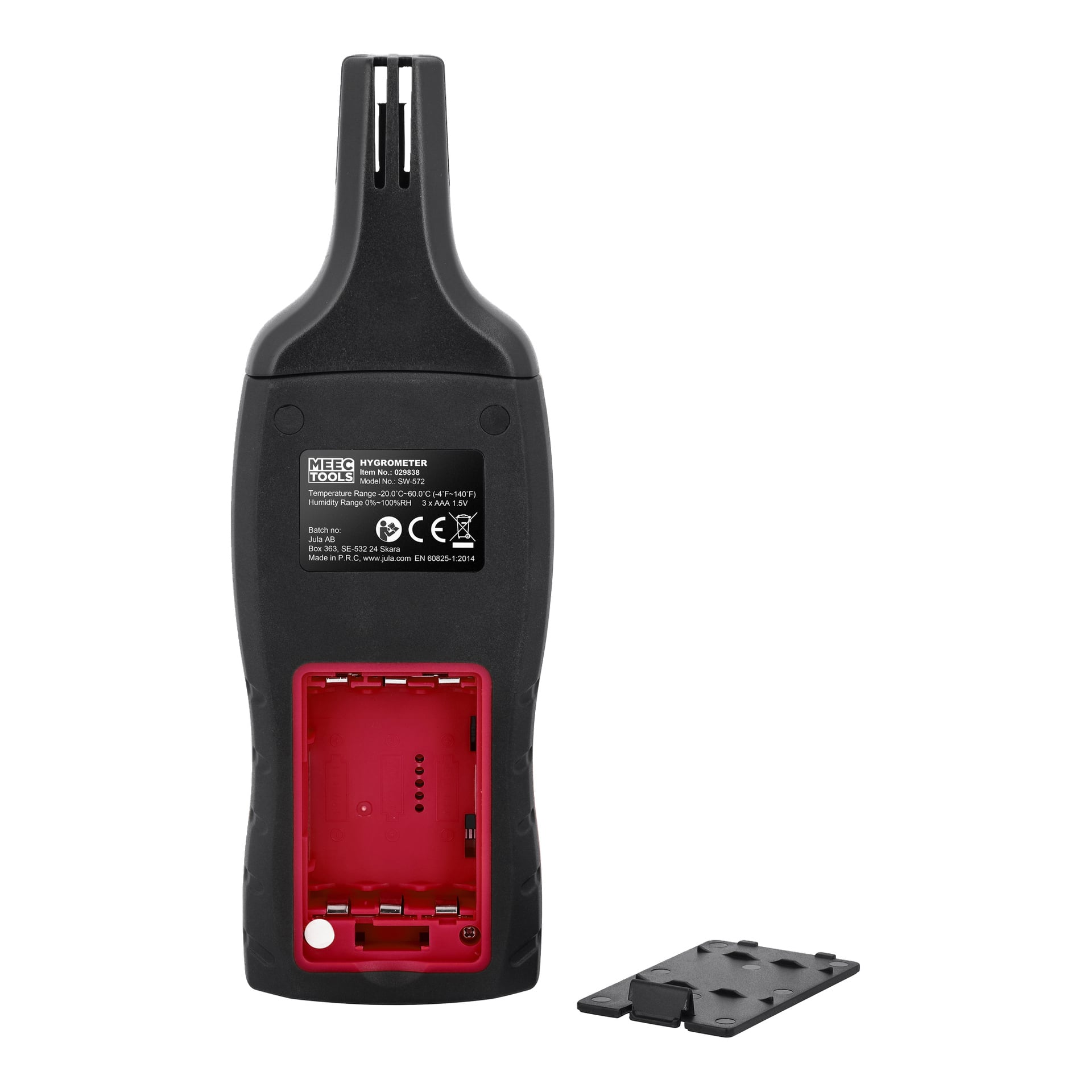 Et svart Meec Tools håndholdt hygrometer med termometer har batterirommet åpent og avslører et rødt interiør. Dekselet plasseres ved siden av enheten, og det er festet en etikett på baksiden.