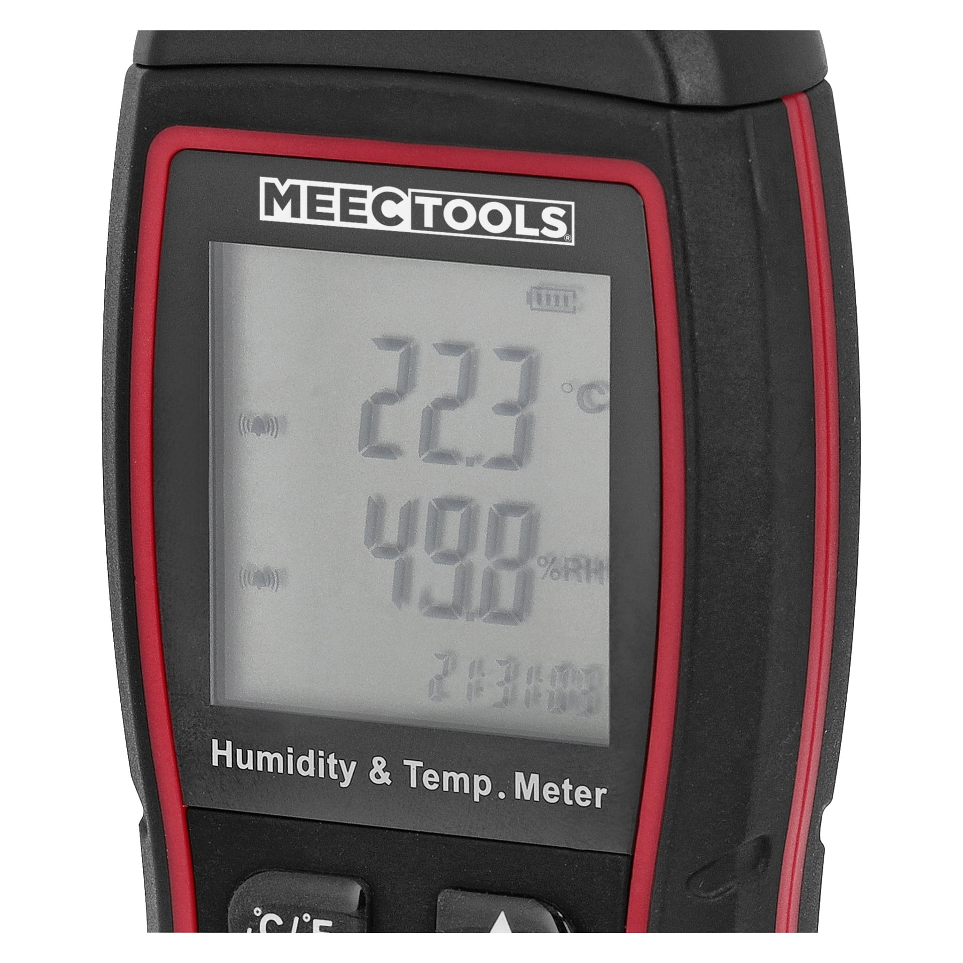 Et Meec Tools Hygrometer og termometer viser målinger på 22,3°C og 49,8 % luftfuktighet på sin digitale skjerm, plassert i et svart og rødt kabinett med Meec Tools-logoen over skjermen.