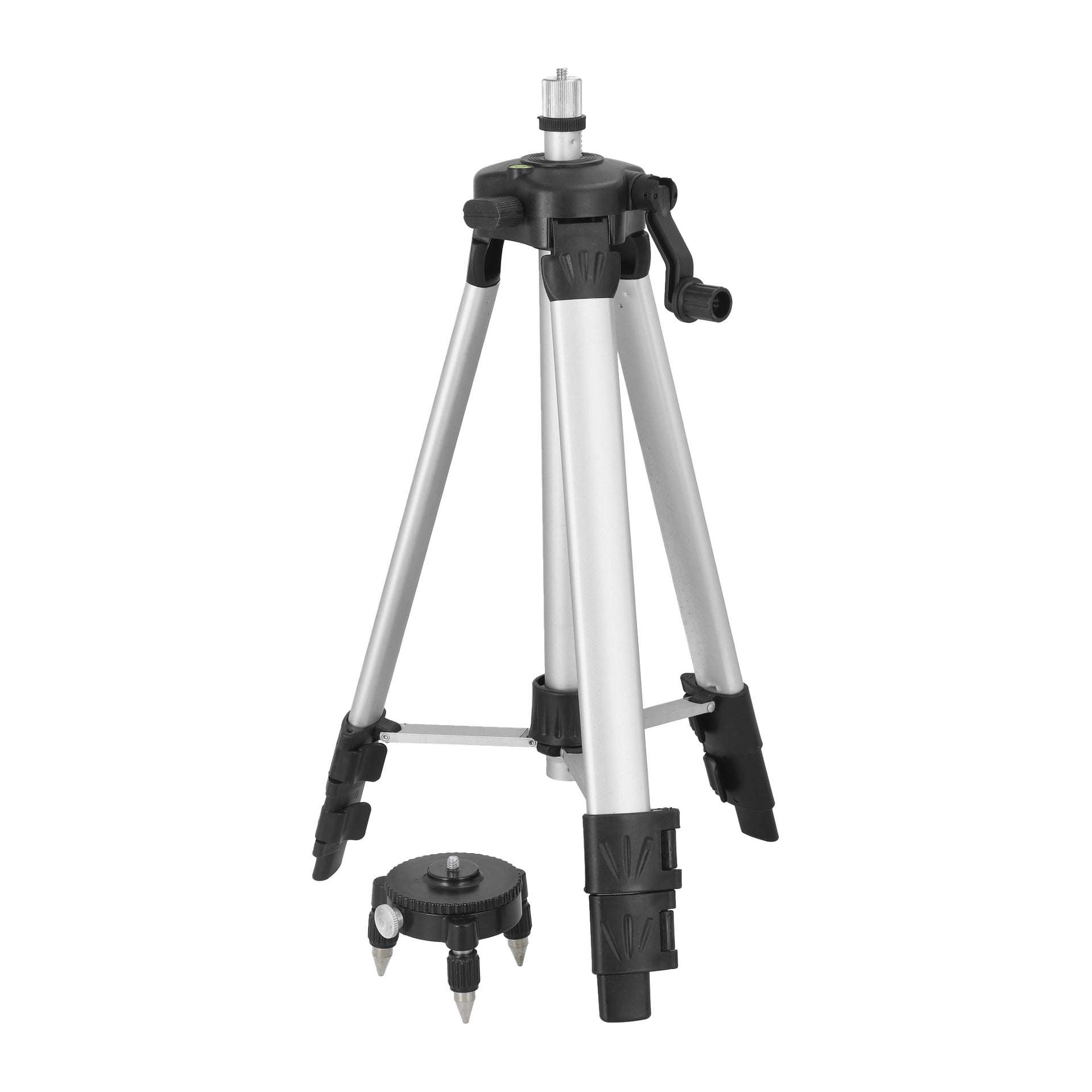 Ett silver- och svart Meec Tools-stativ för laserinstrument har justerbara ben och står upprätt. Bredvid ett av benen på marken finns en avtagbar rund bas med metallspikar.