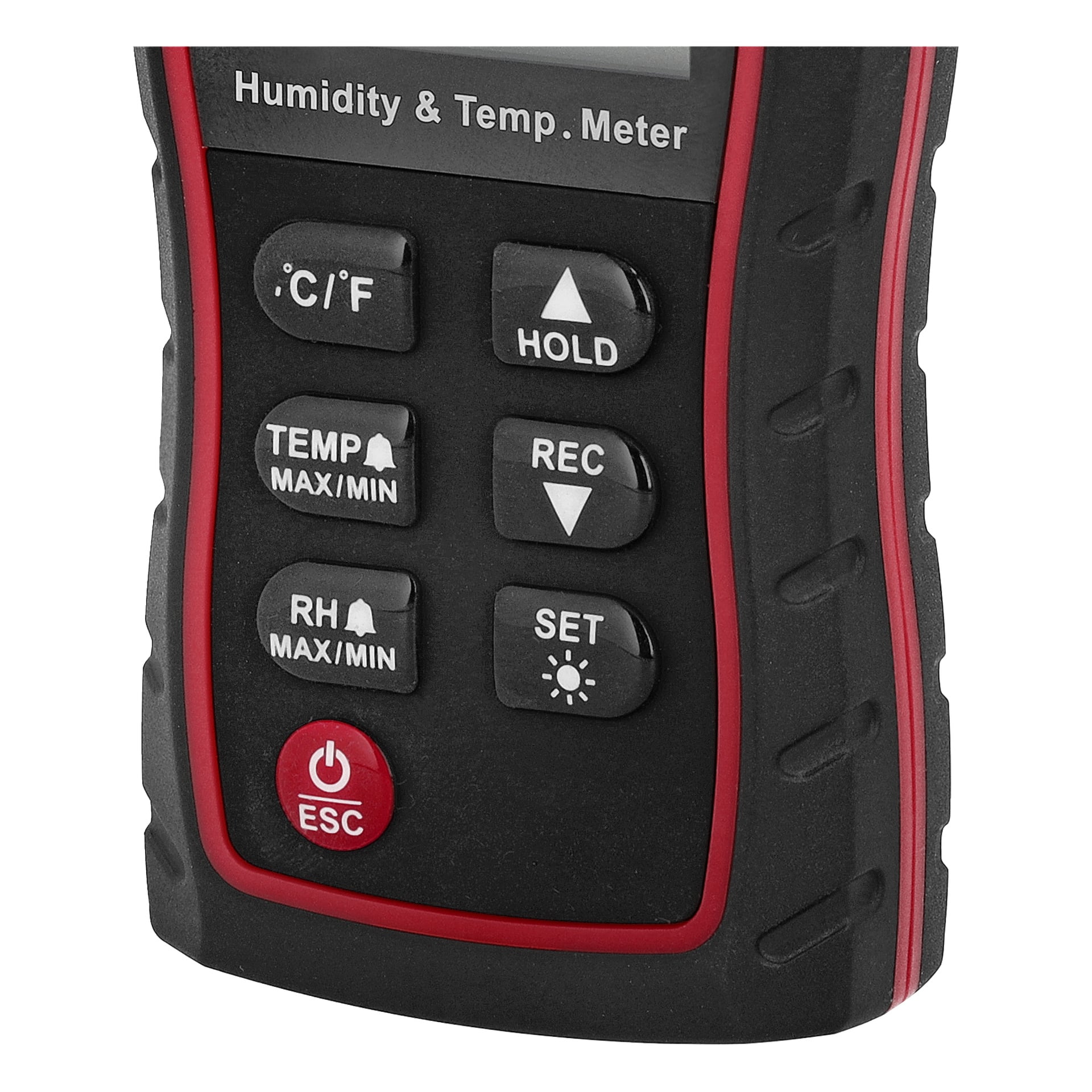 Detaljert bilde av Meec Tools Hygrometer med termometer, en håndholdt enhet i svart og rødt. Frontpanelet viser flere merkede knapper som C/F, TEMP MAX/MIN, RH MAX/MIN, HOLD, REC, SETT, sammen med en fremtredende rød ESC-av/på-knapp.