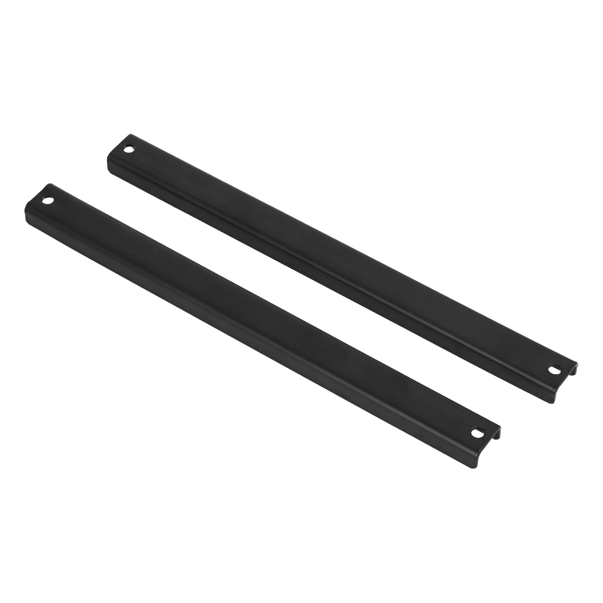 Två långa, svarta rektangulära metallstänger från Hard Head Magnetic Strip 2-packet placeras parallellt med varandra, var och en med ett hål i båda ändar för enkel montering eller fästning.