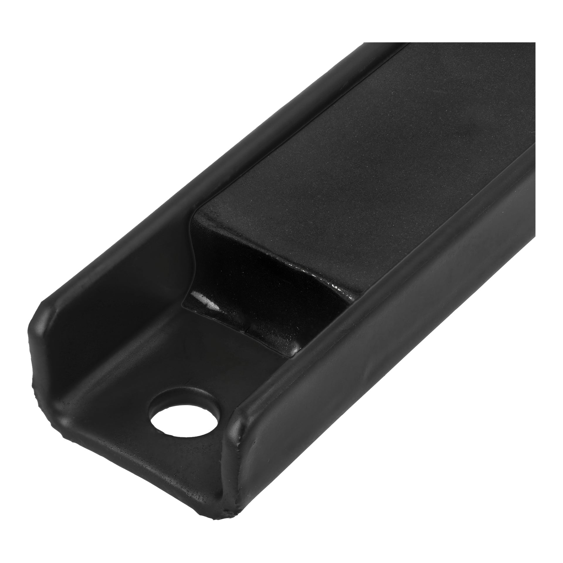 Närbild på ett svart metallrektangulärt fäste från Hard Head Magnetic Strip 2 Pack. Den har en U-formad kanal och ett runt hål i ena änden, avsedd för montering eller stöd.