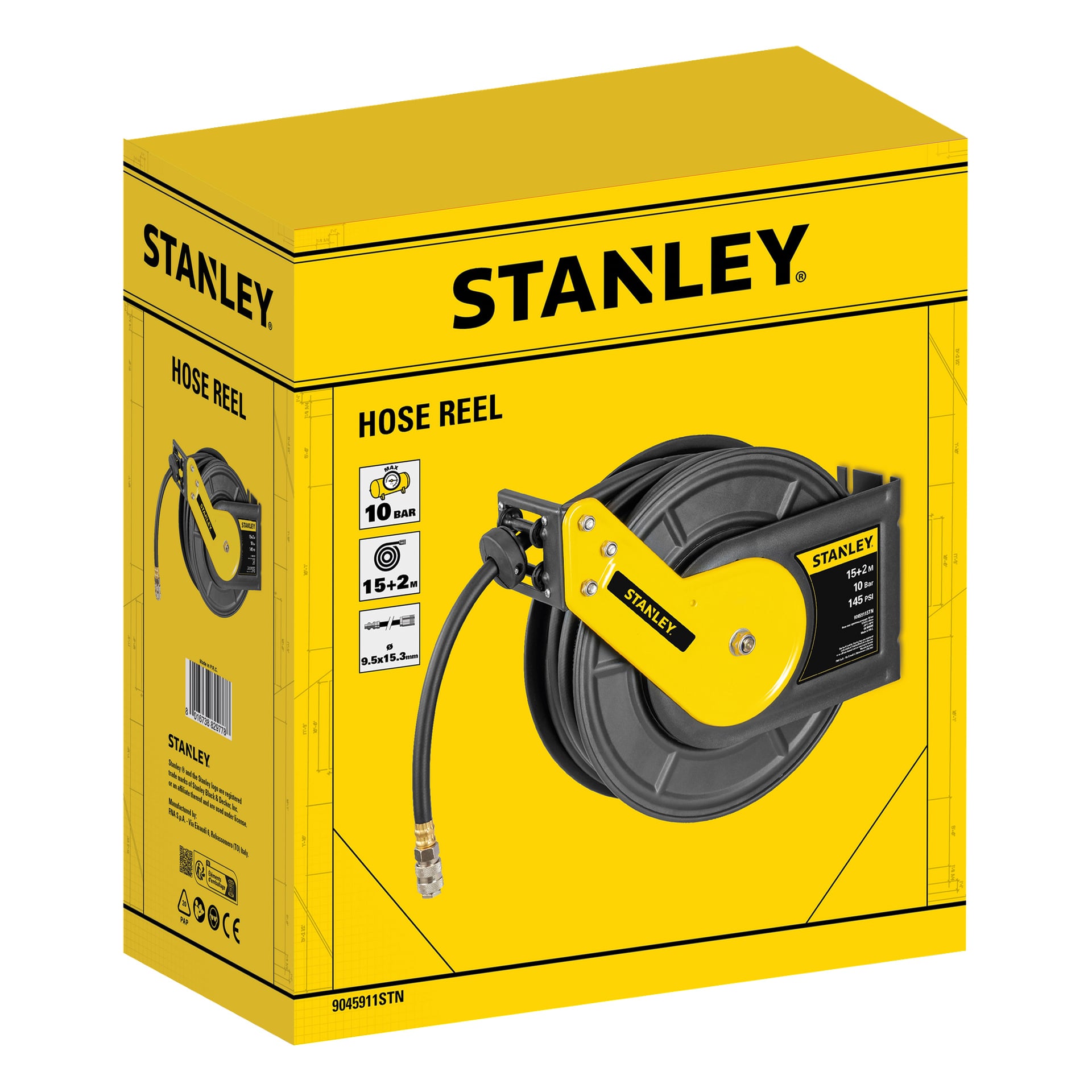 Kelta-musta Stanley-laatikko, jossa on "Letkuretractor for compressed air 9045911STN", sisältää tuotekuvan, korostetun tekniset tiedot kuvakkeineen ja kuvaavalla tekstillä vasemmassa ja etupaneelissa sekä erottuvan Stanley-brändin.