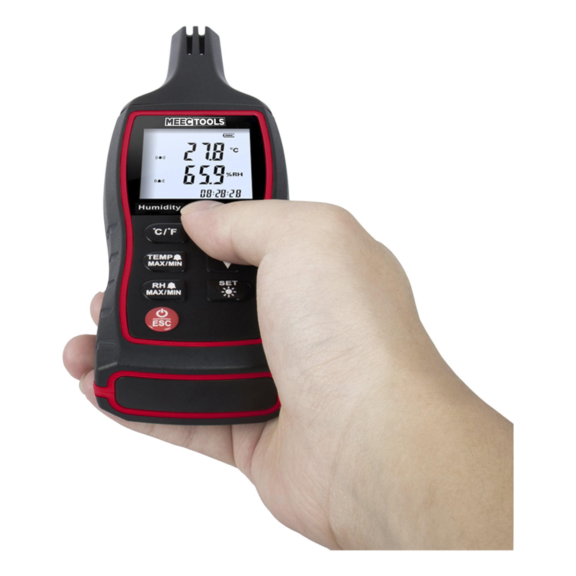 En hånd holder Meec Tools Hygrometer og termometer, som har en digital skjerm som viser temperatur, fuktighet og tid. Frontpanelet viser fire knapper: C/F, TEMP MAX/MIN, RX/ALARM og SETT.