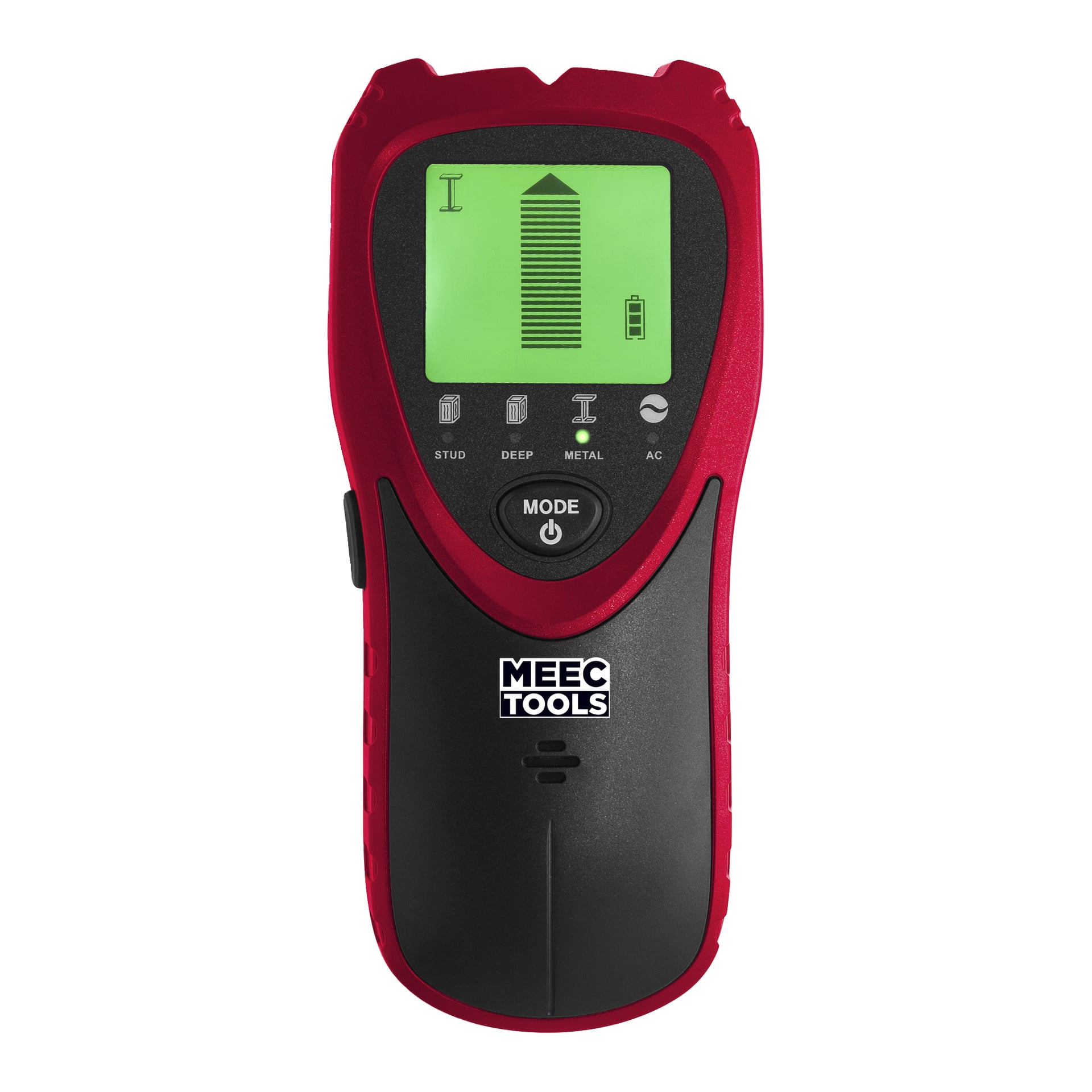 En handhållen elektronisk Meec Tools Multi-detektor i rött och svart, som visar en grön digital skärm med olika ikoner som indikerar regle, djupscanning, metall, AC-detekteringslägen och en batteristatussymbol.