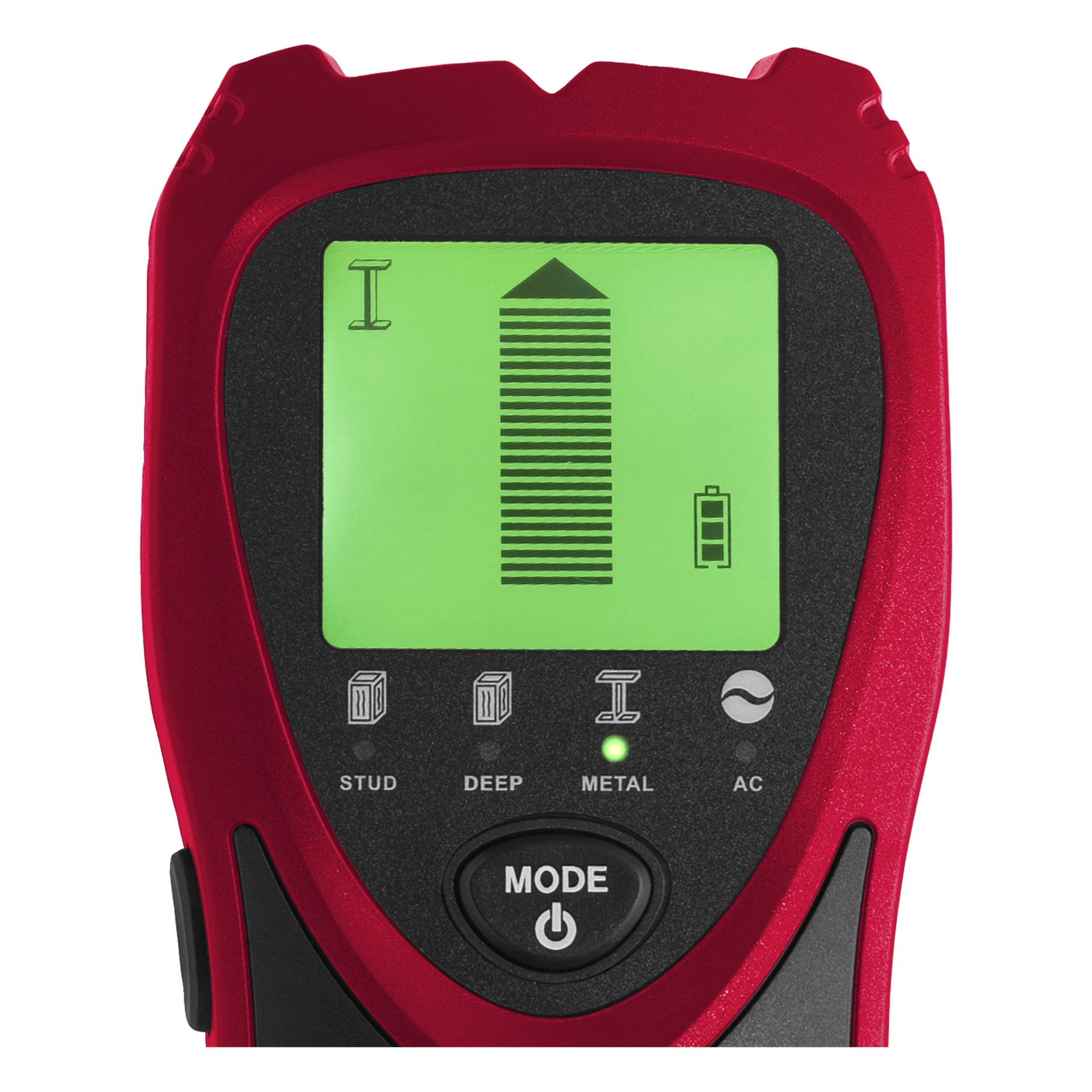 Meec Tools Multi-detektors LCD-skärm visas i närbild, där en uppåtriktad pil visas tillsammans med ikoner för reglar, djup och metallskanning. Det finns också en batteriindikator synlig. Under "MODE"-knappen sitter en rund strömknapp.