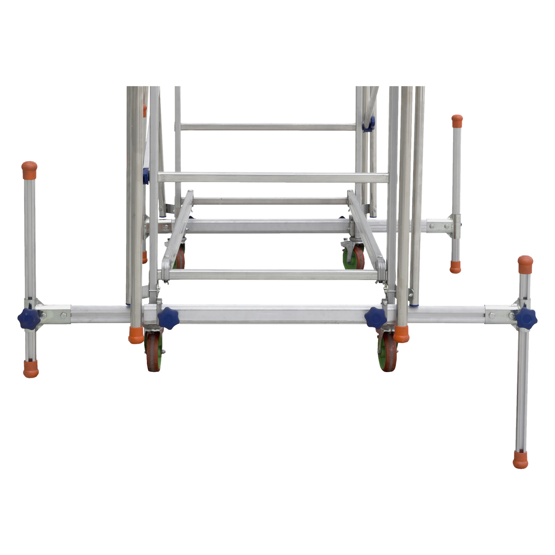 En detaljerad närbild av den nedre delen av Facas Support ben 2-pack, med framhävning av metallstabilisatorstänger samt gröna och orange hjul.