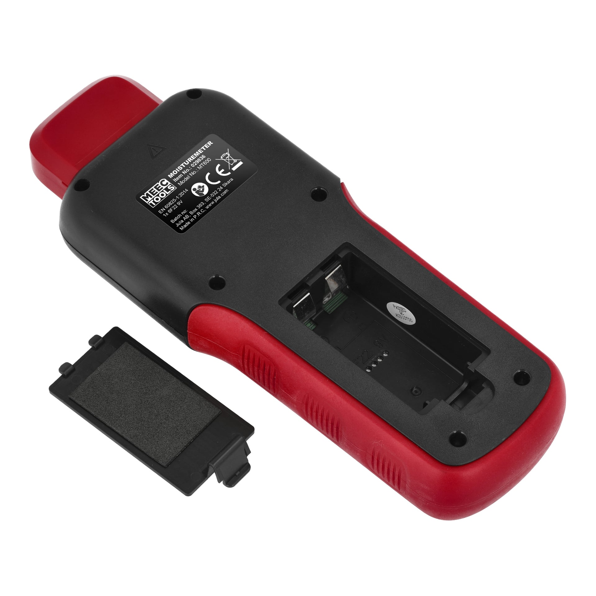 Ein schwarz-rotes Feuchtigkeitsmessgerät von Meec Tools ist mit offenem Batteriefach und dem Batteriedeckel daneben angezeigt. Das Etikett auf dem Gerät und die internen Stecker sind deutlich sichtbar.
