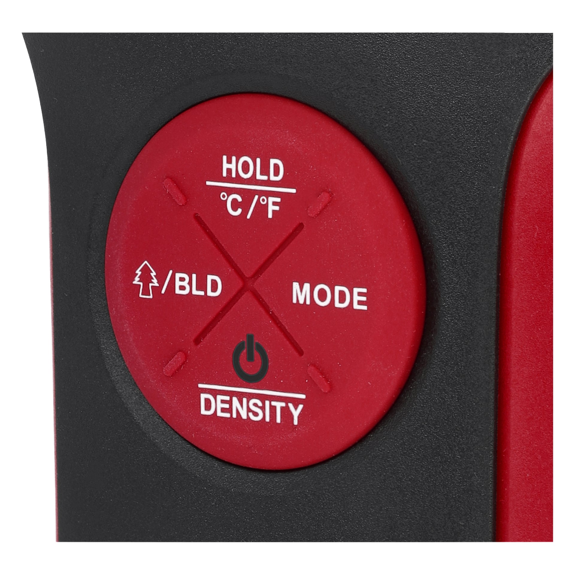 Eine Nahaufnahme des roten runden Bedienfelds des Meec Tools Moisture Meter, das beschriftete Tasten für Halten, °C/°F, Modus, Dichte und einen Knopf mit einem Power-Symbol zeigt – der seine Verwendung als elektronisches Messinstrument anzeigt.