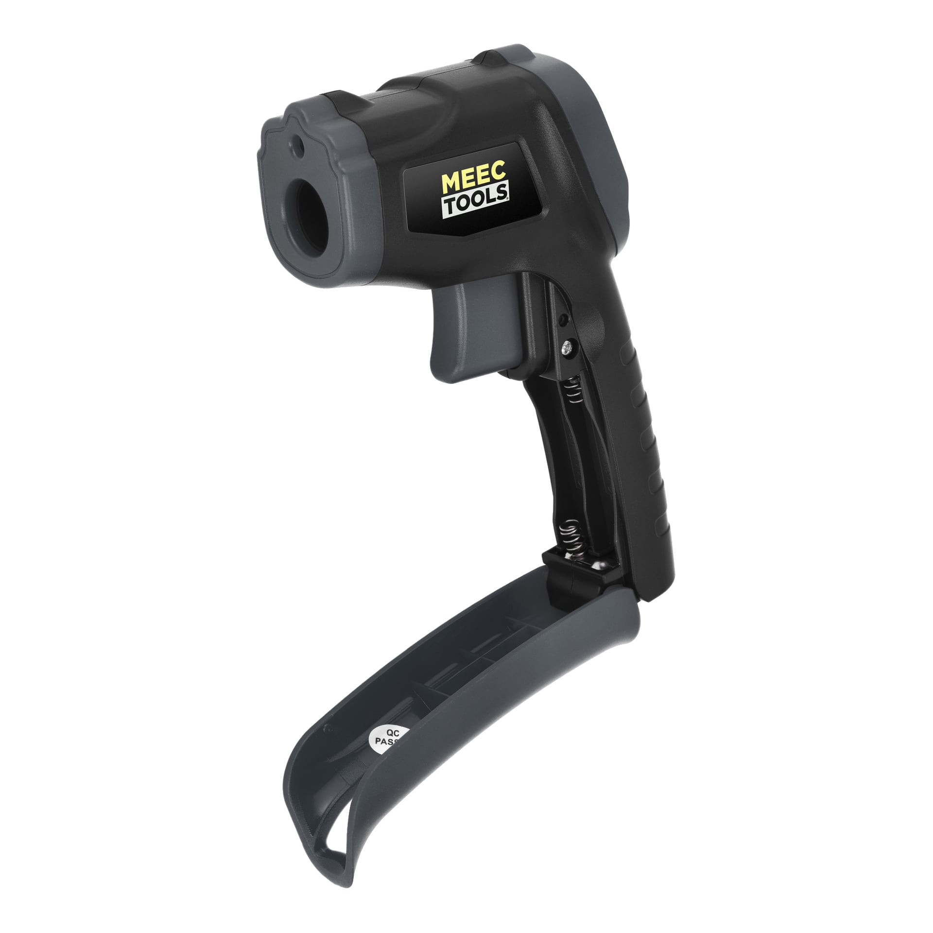 En handhållen Meec Tools IR-termometer med svart och grått pistolgrepp och synlig fjädermekanism.