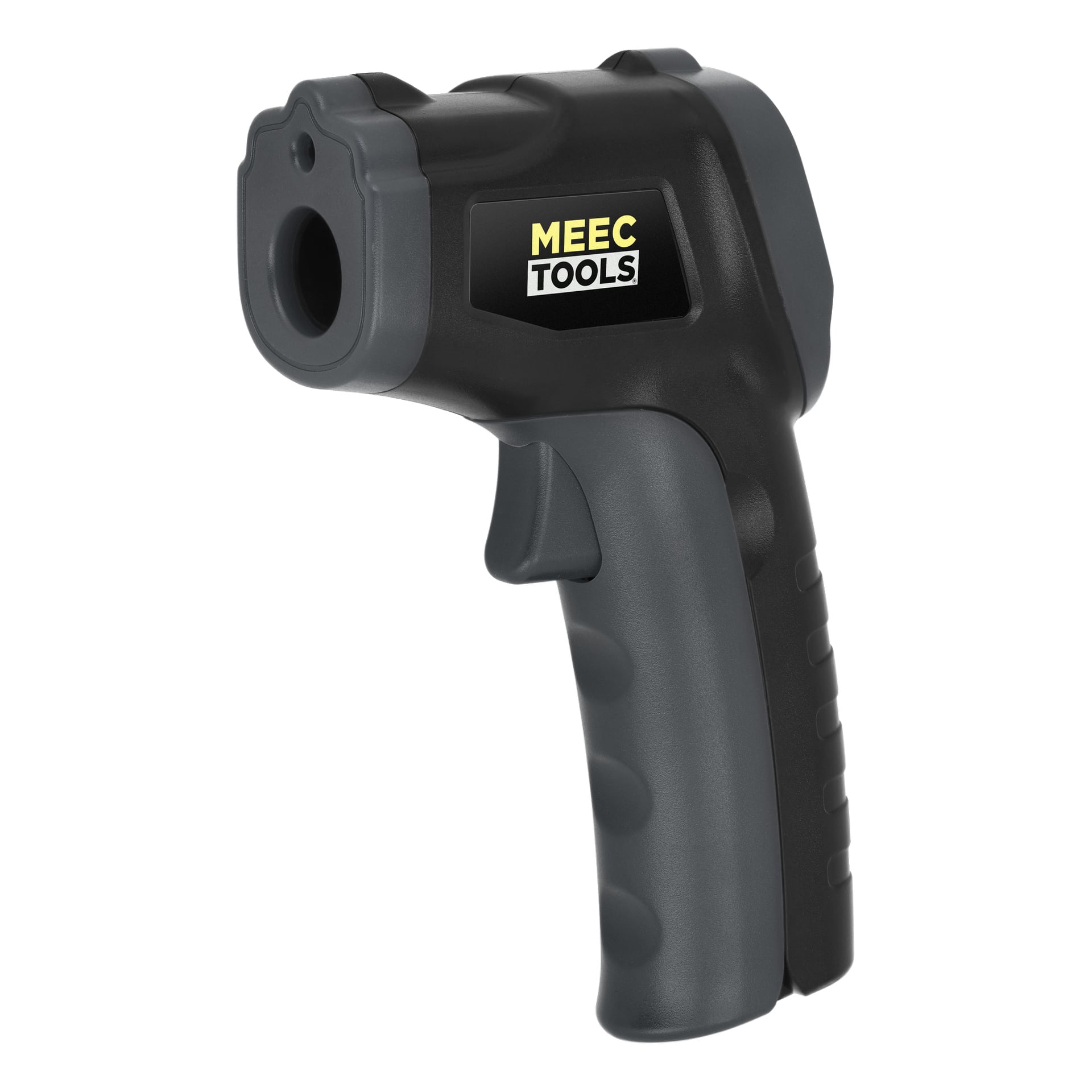 En svart och grå infraröd termometer från Meec Tools med ergonomiskt handtag, avtryckargrepp och en rundad sensorsektion framtill.