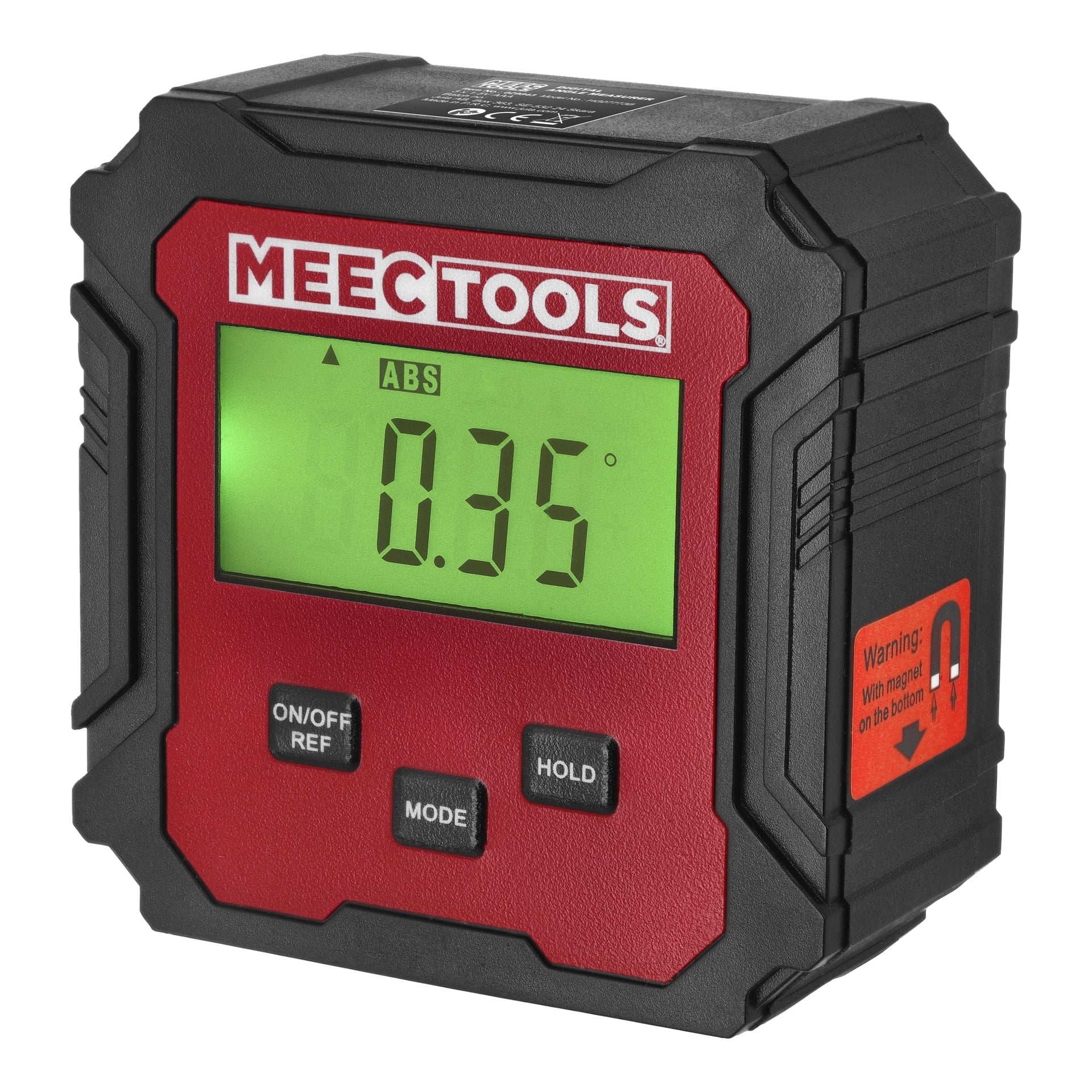 En digital vinkelmätare från Meec Tools med ett rött och svart hölje visar 0,35° på sin gröna bakgrundsbelysta display. Den har ON/OFF, MODE och HOLD-knappar under skärmen, med varumärket placerat ovanför skärmen.
