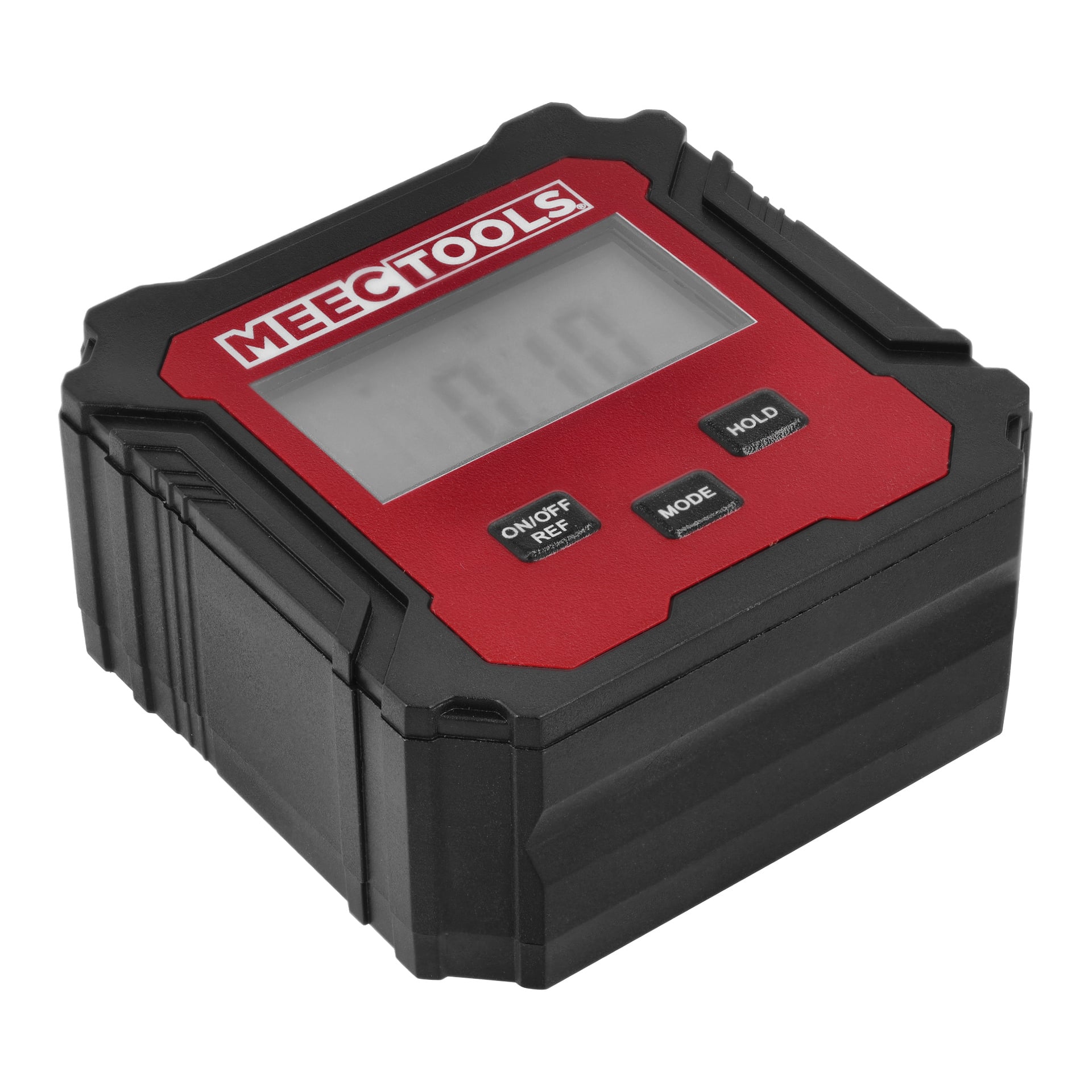 En digital vinkelmätare från Meec Tools med ett rött och svart plasthus visas. Dess frontpanel har en tom display, tre knappar märkta ON/OFF REF, MODE och HOLD, samt Meec Tools-loggan högst upp.