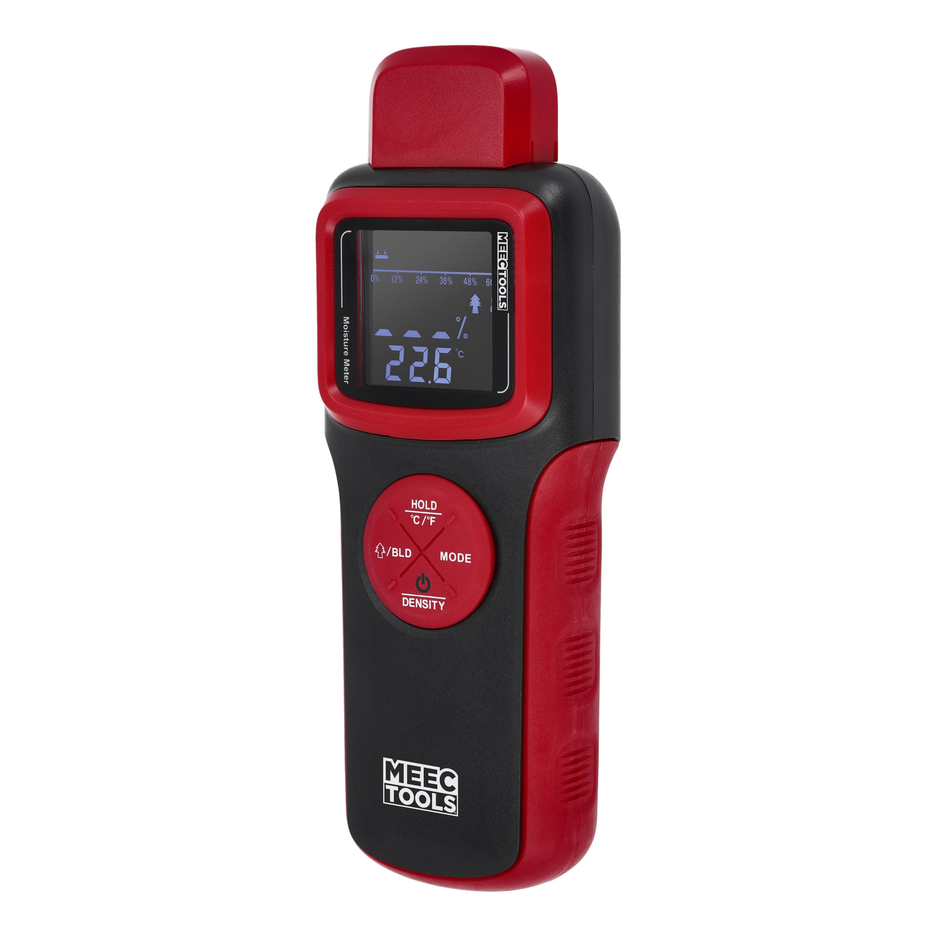Ein Feuchtigkeitsmessgerät von Meec Tools in der Hand, mit einem rot-schwarzen Gehäuse, einem LCD-Bildschirm mit Messergebnissen und Tasten mit den Aufschriften HOLD, MODE und DICHTE. Dieses Gerät misst sowohl die Flüssigkeitsdichte als auch die Temperatur.