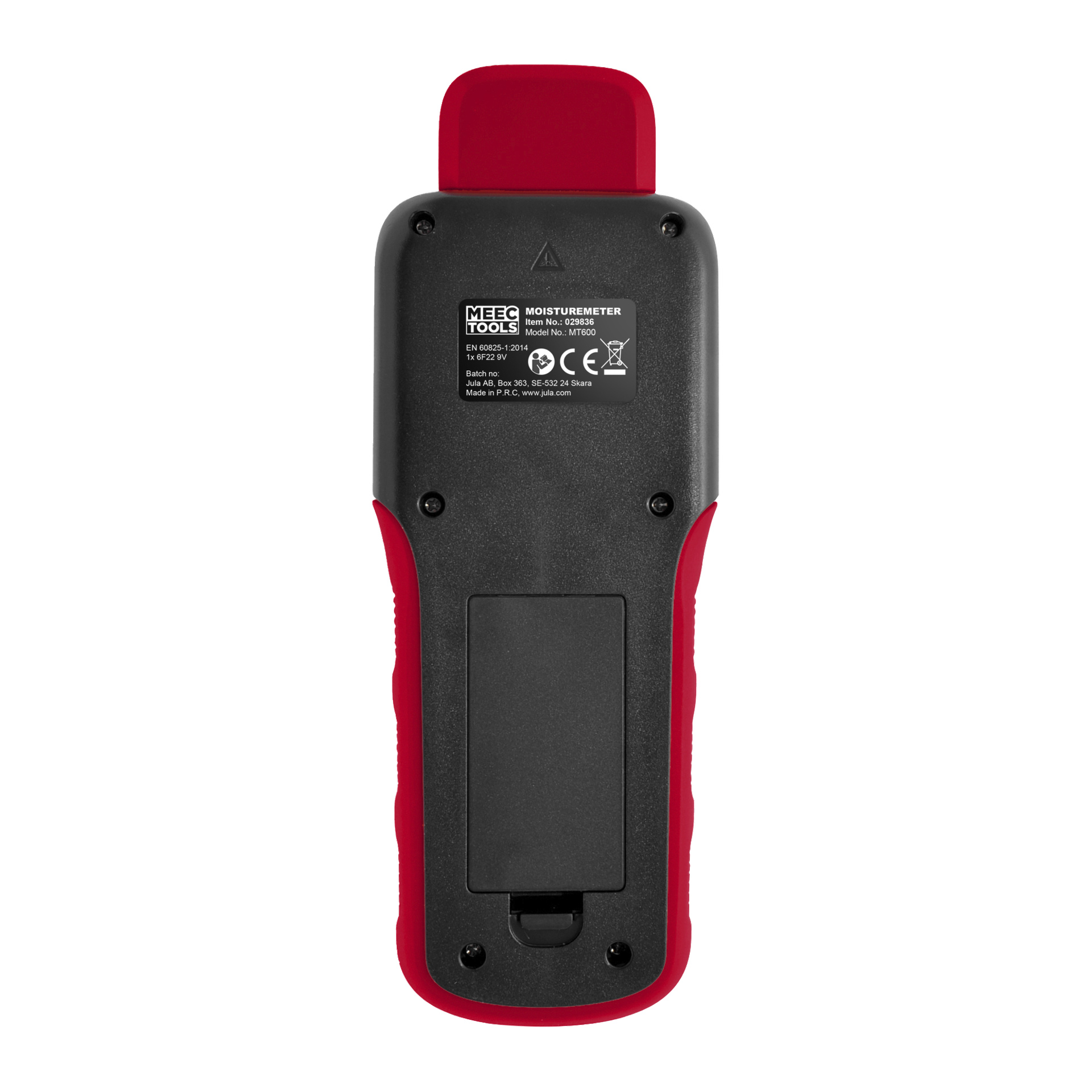 Die Rückansicht eines Meec Tools Feuchtigkeitsmessgeräts zeigt das schwarze und rote Gehäuse, freiliegende Schrauben, ein geschlossenes Batteriefach und ein Produktinformationsetikett am oberen Teil.