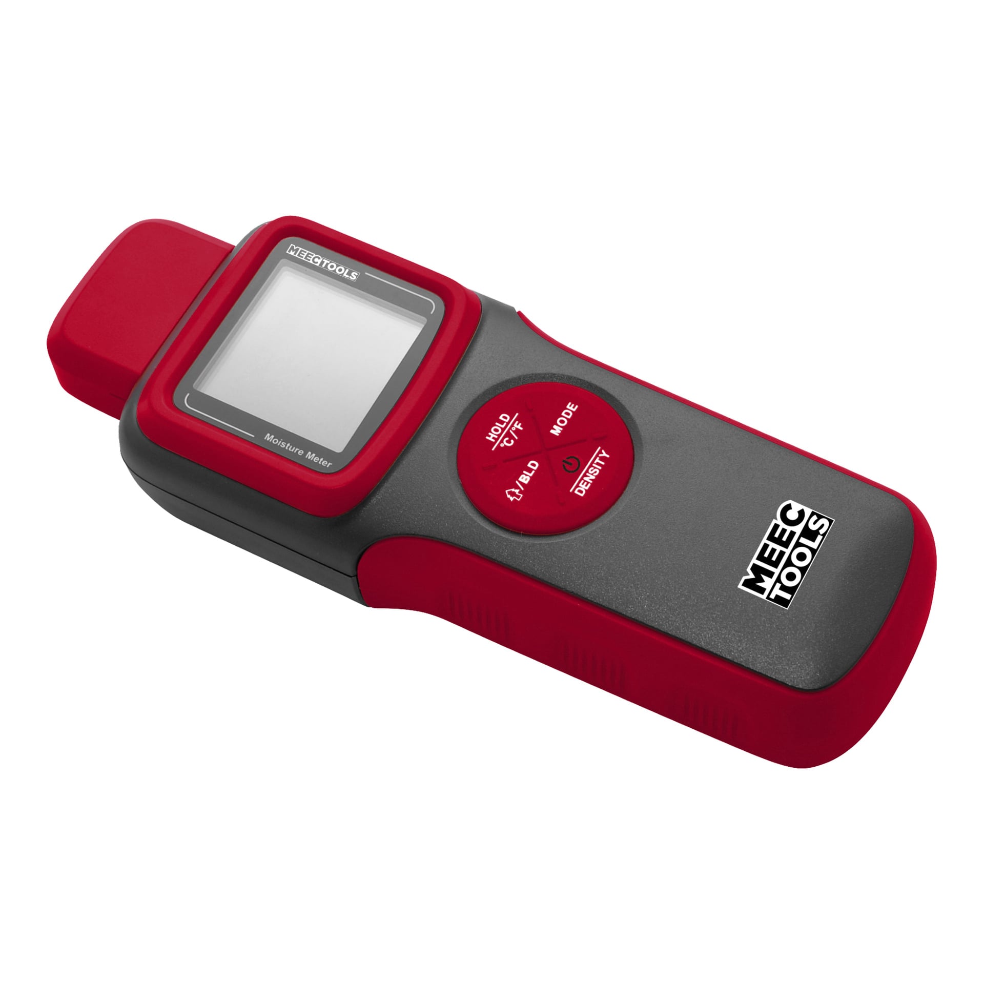 Ein grau-rotes Meec Tools Feuchtigkeitsmessgerät mit Display, zwei roten Tasten mit der Aufschrift HALTEN und MODUS sowie Markenname auf der Vorderseite.