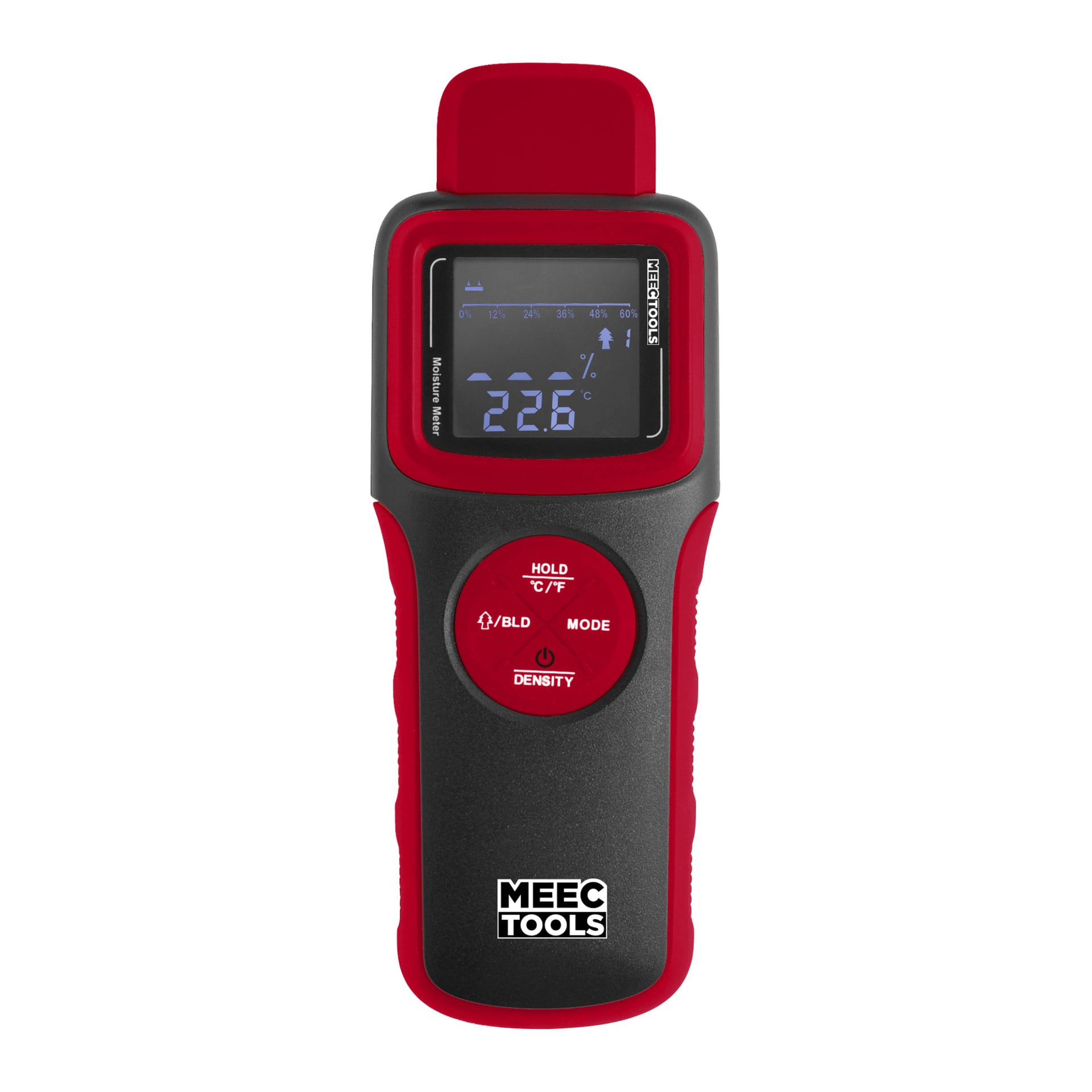 Ein Meec Tools Feuchtigkeitsmesser mit einem digitalen Display bei 22,6°C, Modus- und Haltetasten, in einem schwarz-roten Handheld-Design.