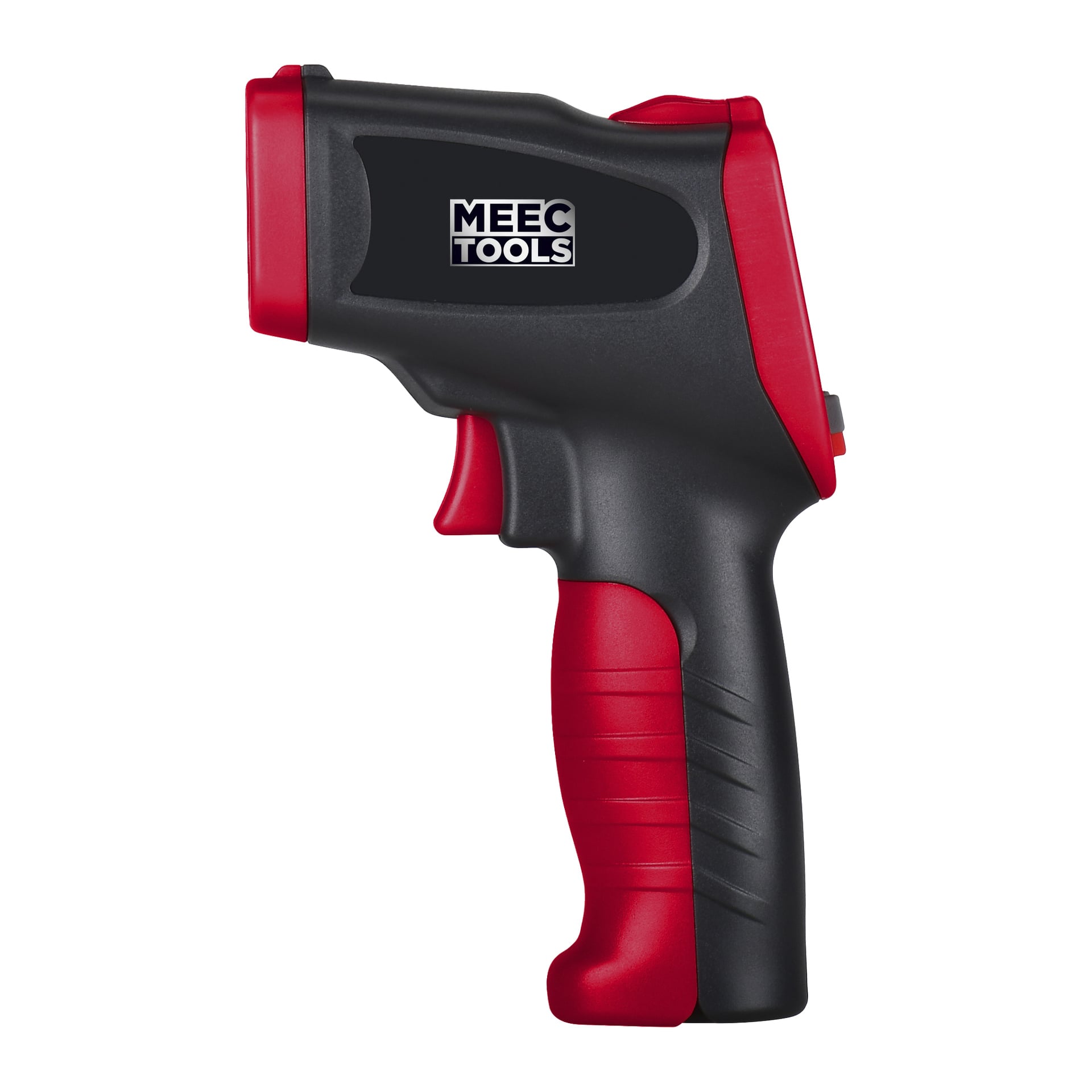 Et svart og rødt Meec Tools infrarødt termometer har et pistolgrep og en avtrekker for enkel bruk.