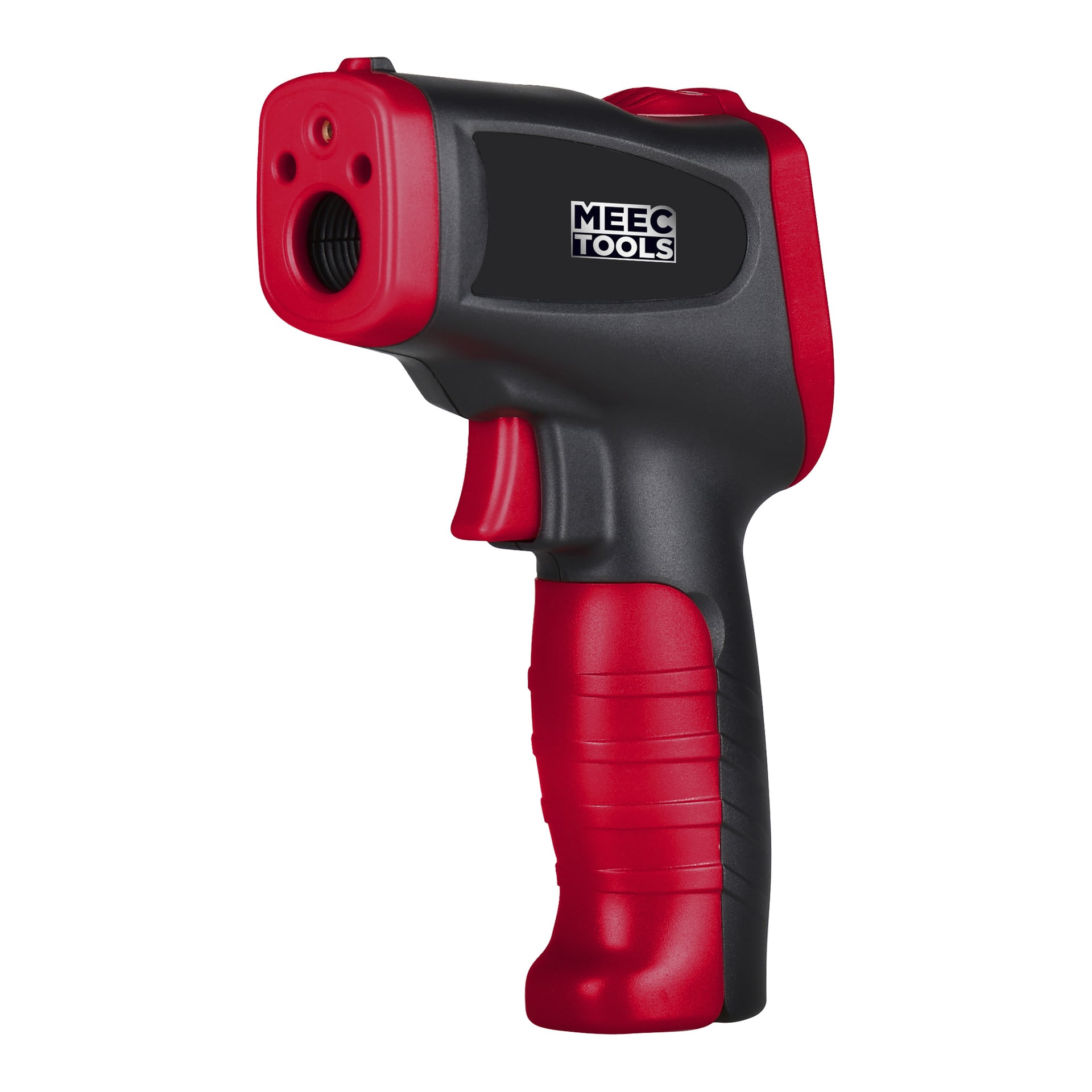 Et håndholdt Meec Tools IR-termometer med svart og rød kropp, teksturert grep og avtrekker, og Meec Tools-logo på siden.