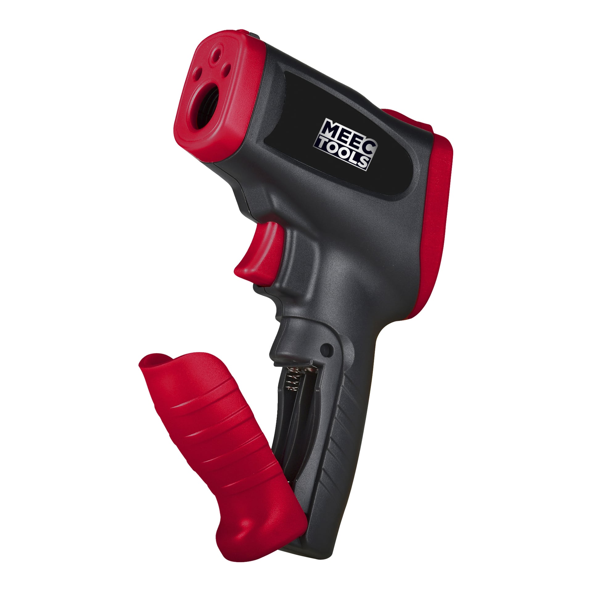 Meec Tools IR-termometer i svart og rødt, med avtrekker, digital skjerm og et ergonomisk håndtak med fingerspor.