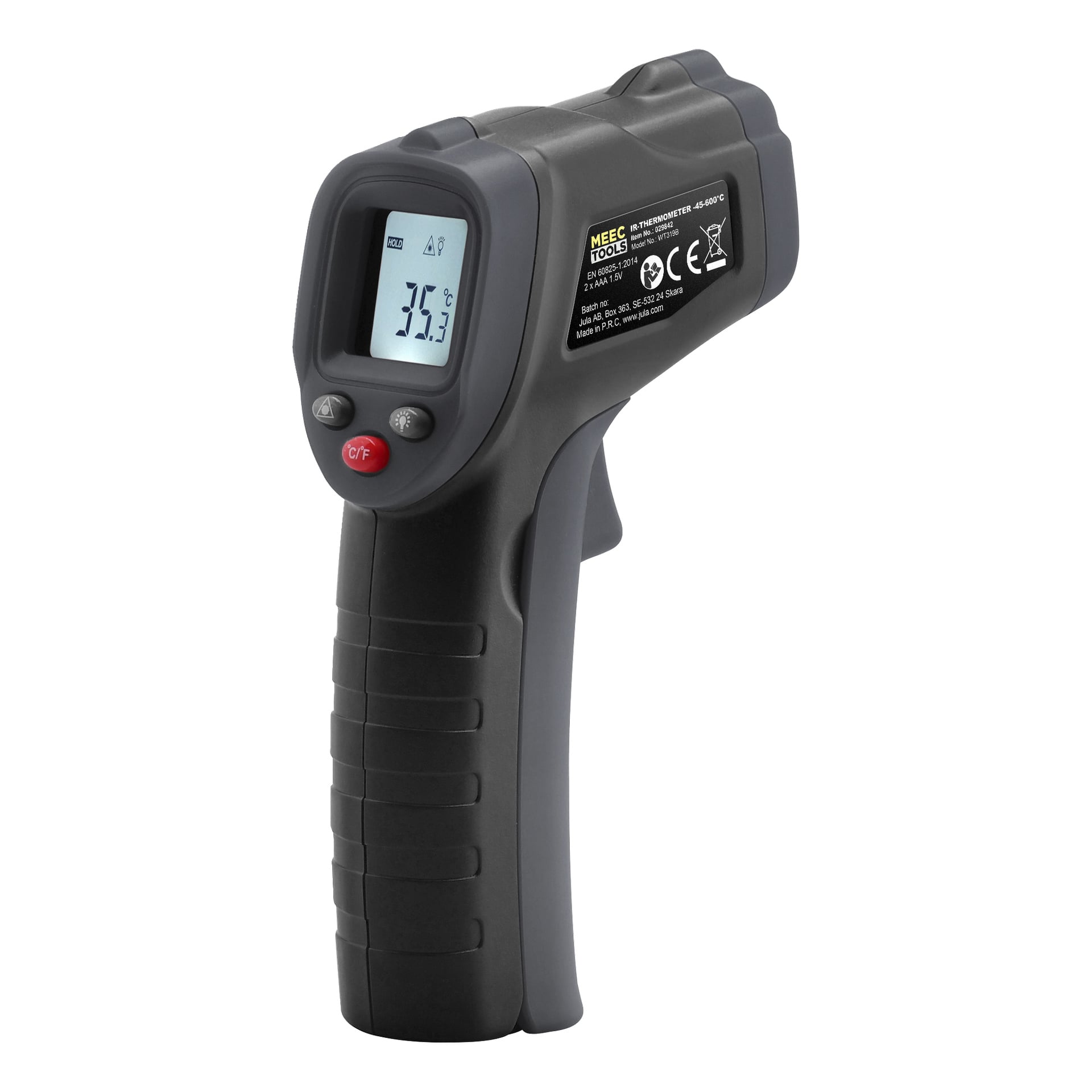 Black Meec Tools IR-termometer visar 35,3°C på sin digitala skärm, med produktinformation och certifieringsikoner på sidan.