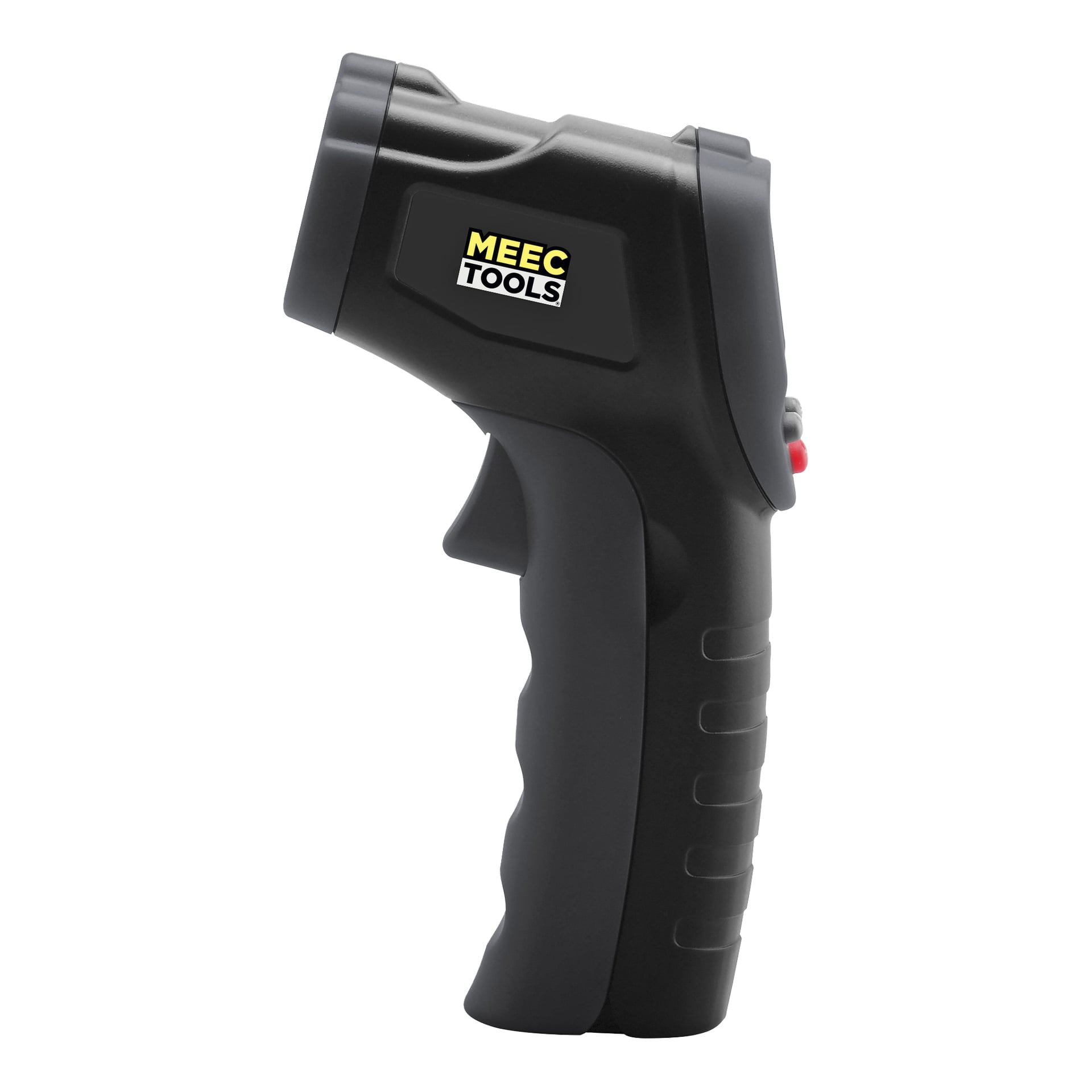 En handhållen svart infraröd termometer från Meec Tools med en röd knapp och ett ergonomiskt grepp.