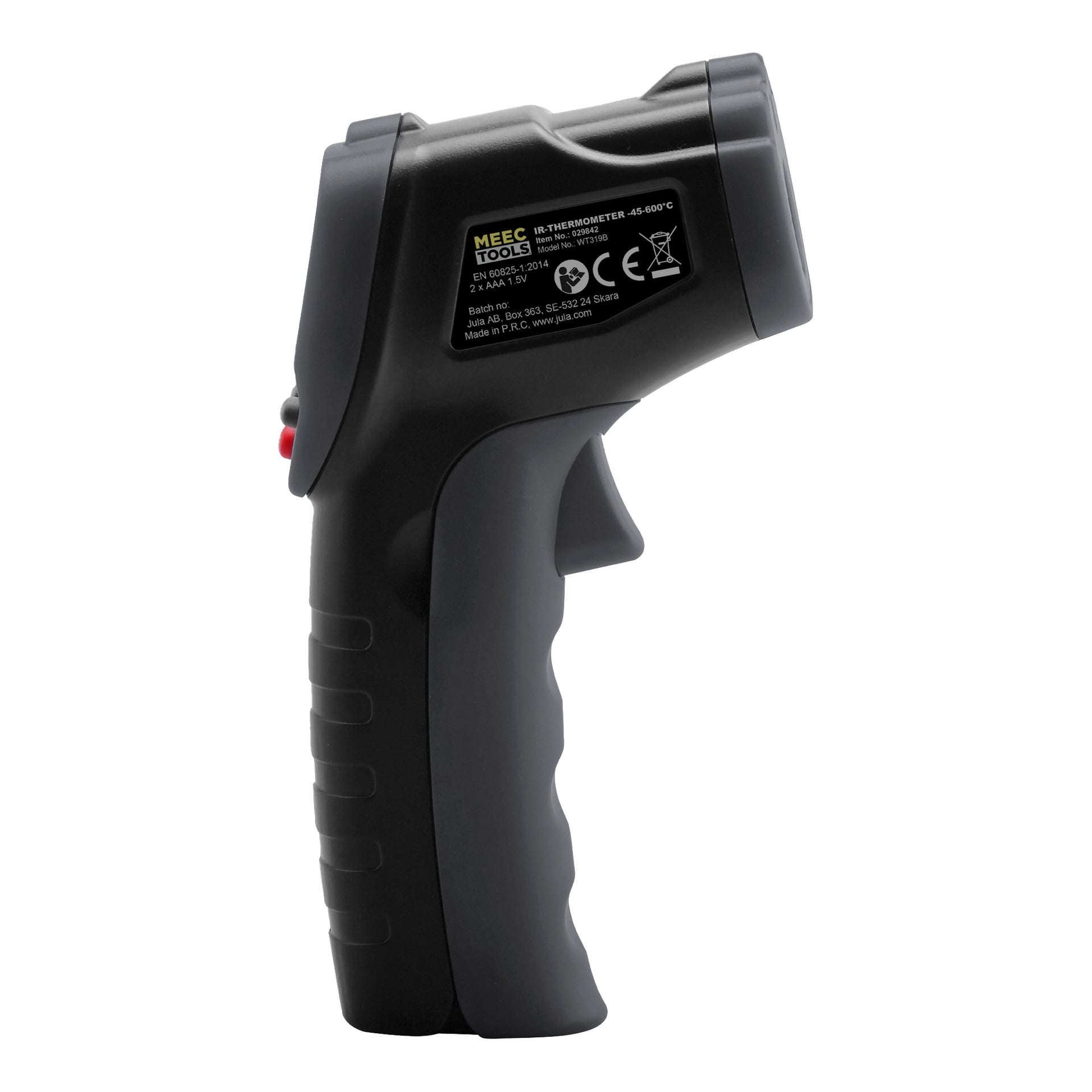 Meec Tools IR-termometer har en svart plastkropp, avtryckare och en digital display högst upp med märkta produktdetaljer.