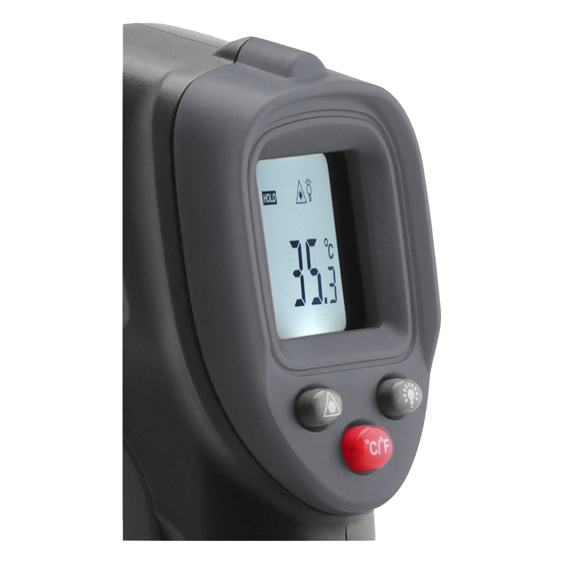 En närbild av en IR-termometer från Meec Tools visar en avläsning på 35,3°C, grått hölje och knappar med symboler och C/F-markeringar.